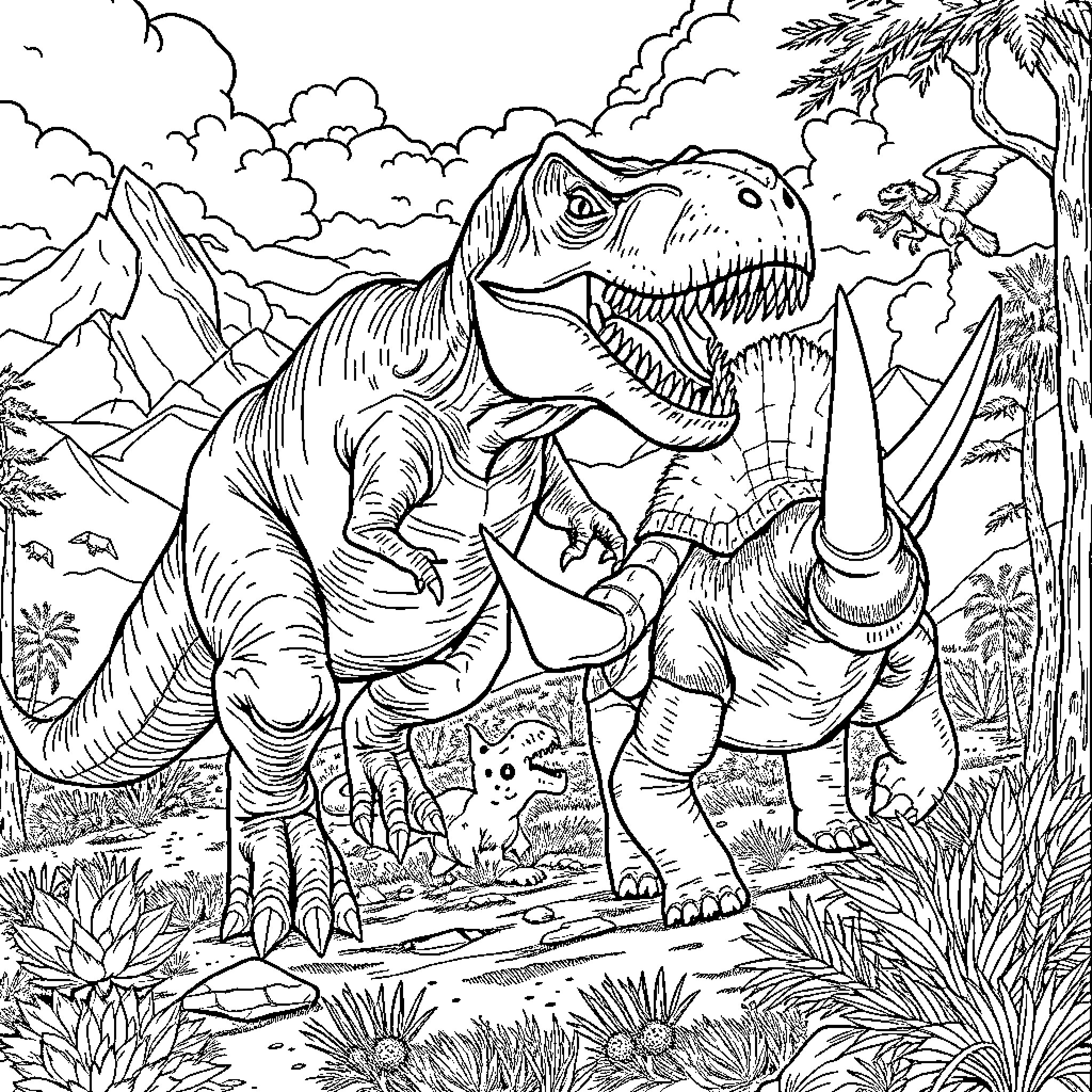 Dinosaur roaming in prehistoric landscape Coloring Page (free black-and-white line drawing printable PDF for all, from beginners to advanced learners, including children, teens, adults, and seniors)