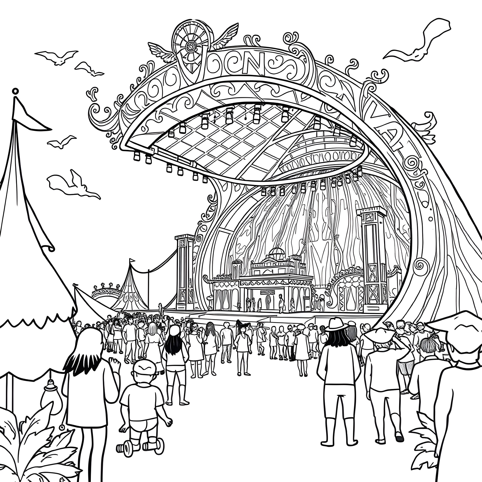Wonderland of Carnival Celebration Coloring Page (free black-and-white line drawing printable PDF for all, from beginners to advanced learners, including children, teens, adults, and seniors)