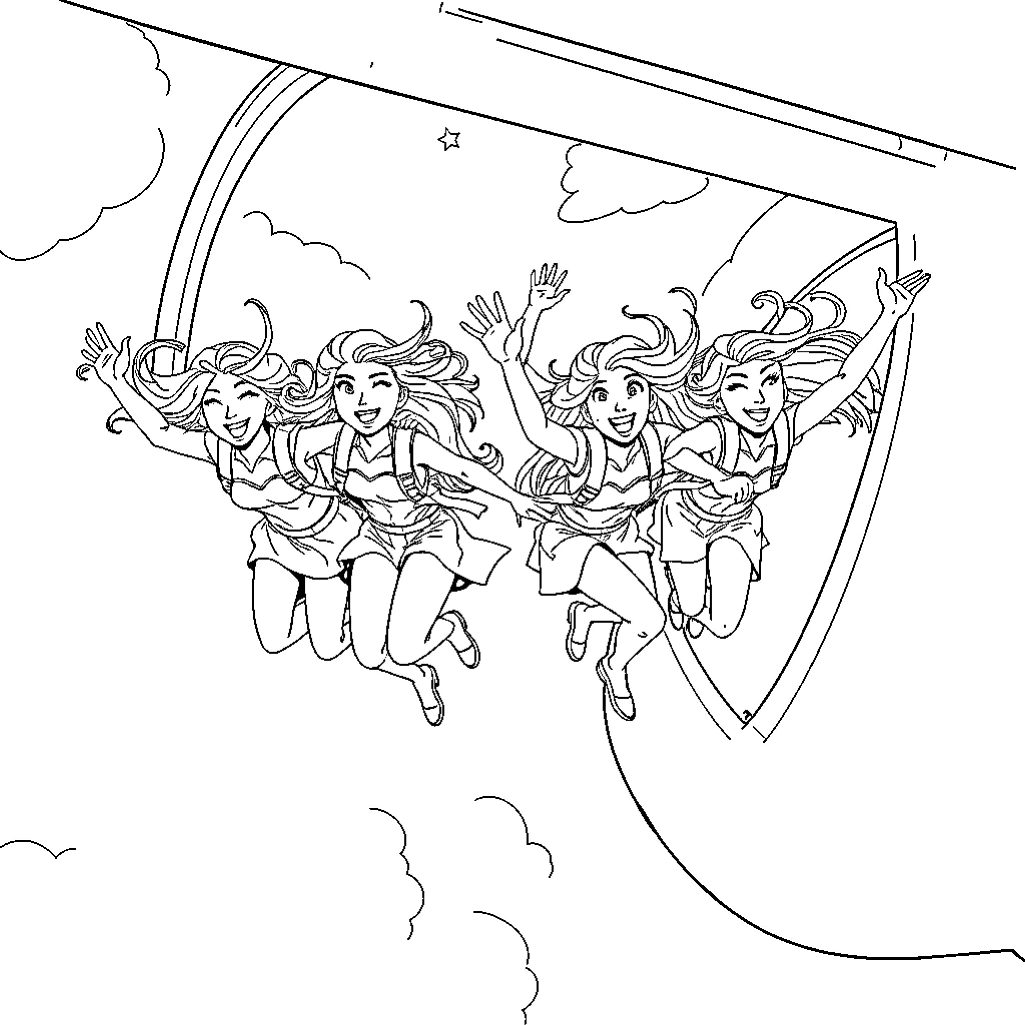 Girls having fun on a carnival ride Coloring Page (free black-and-white line drawing printable PDF for all, from beginners to advanced learners, including children, teens, adults, and seniors)