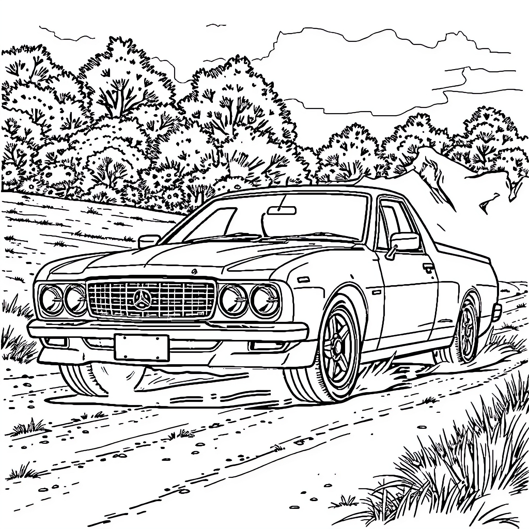 Ute driving through countryside landscape Coloring Page (free black-and-white line drawing printable PDF for all, from beginners to advanced learners, including children, teens, adults, and seniors)