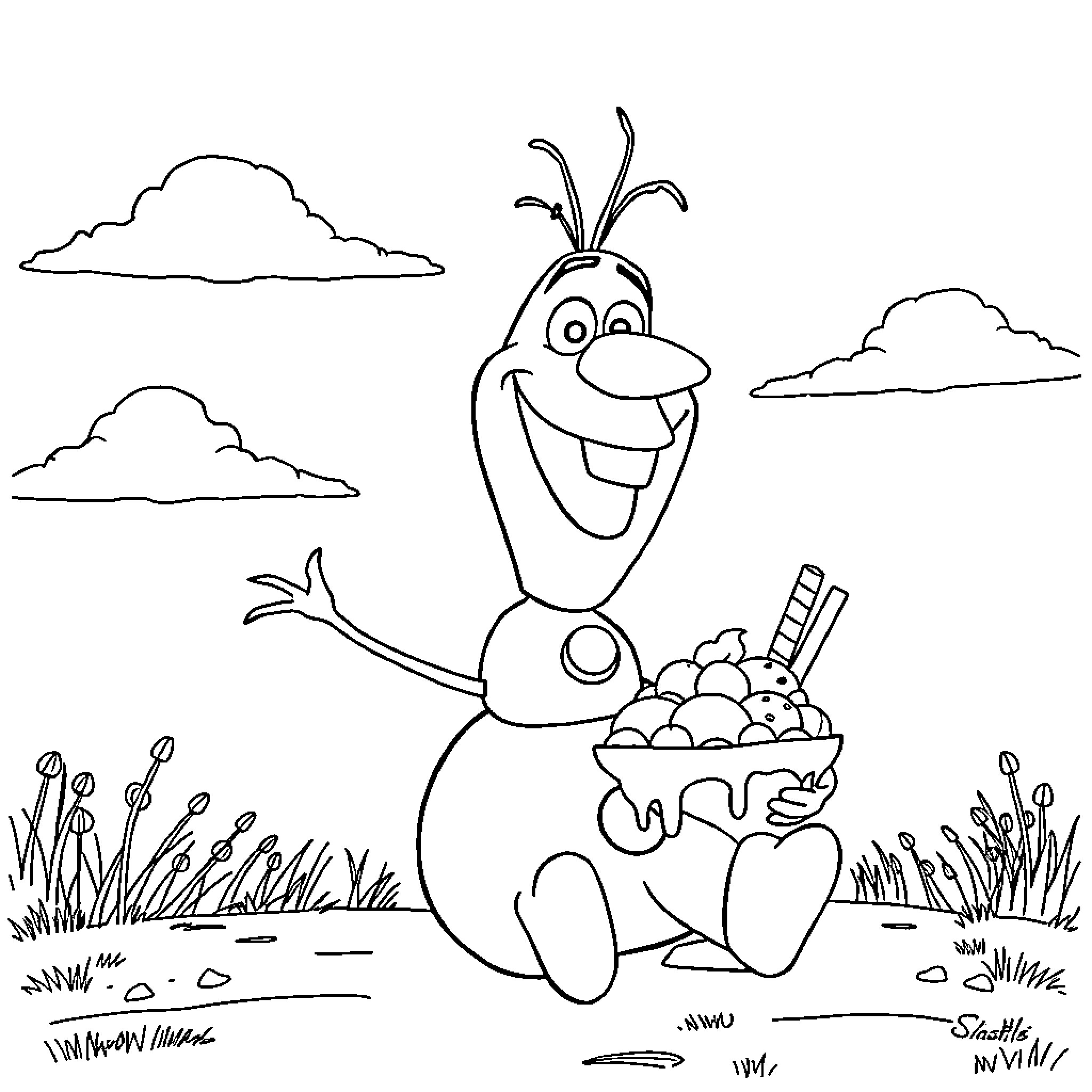 Olaf enjoying a snowy treat in the meadow Coloring Page (free black-and-white line drawing printable PDF for all, from beginners to advanced learners, including children, teens, adults, and seniors)