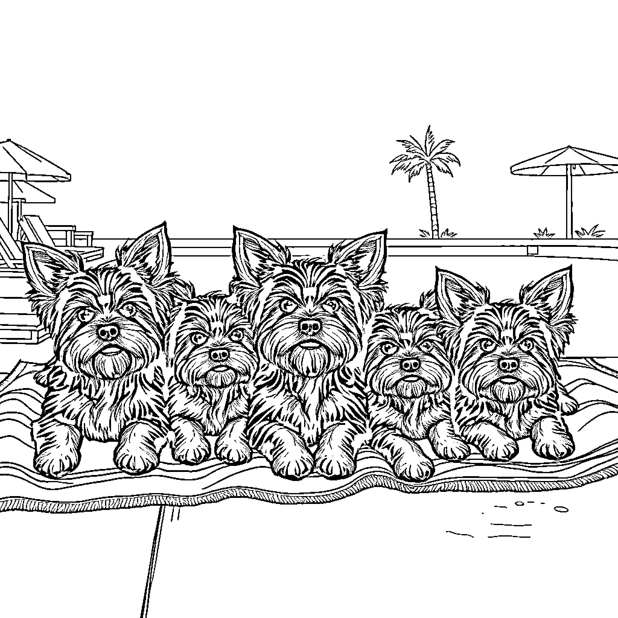 Yorkie puppies relaxing on the beach Coloring Page (free black-and-white line drawing printable PDF for all, from beginners to advanced learners, including children, teens, adults, and seniors)
