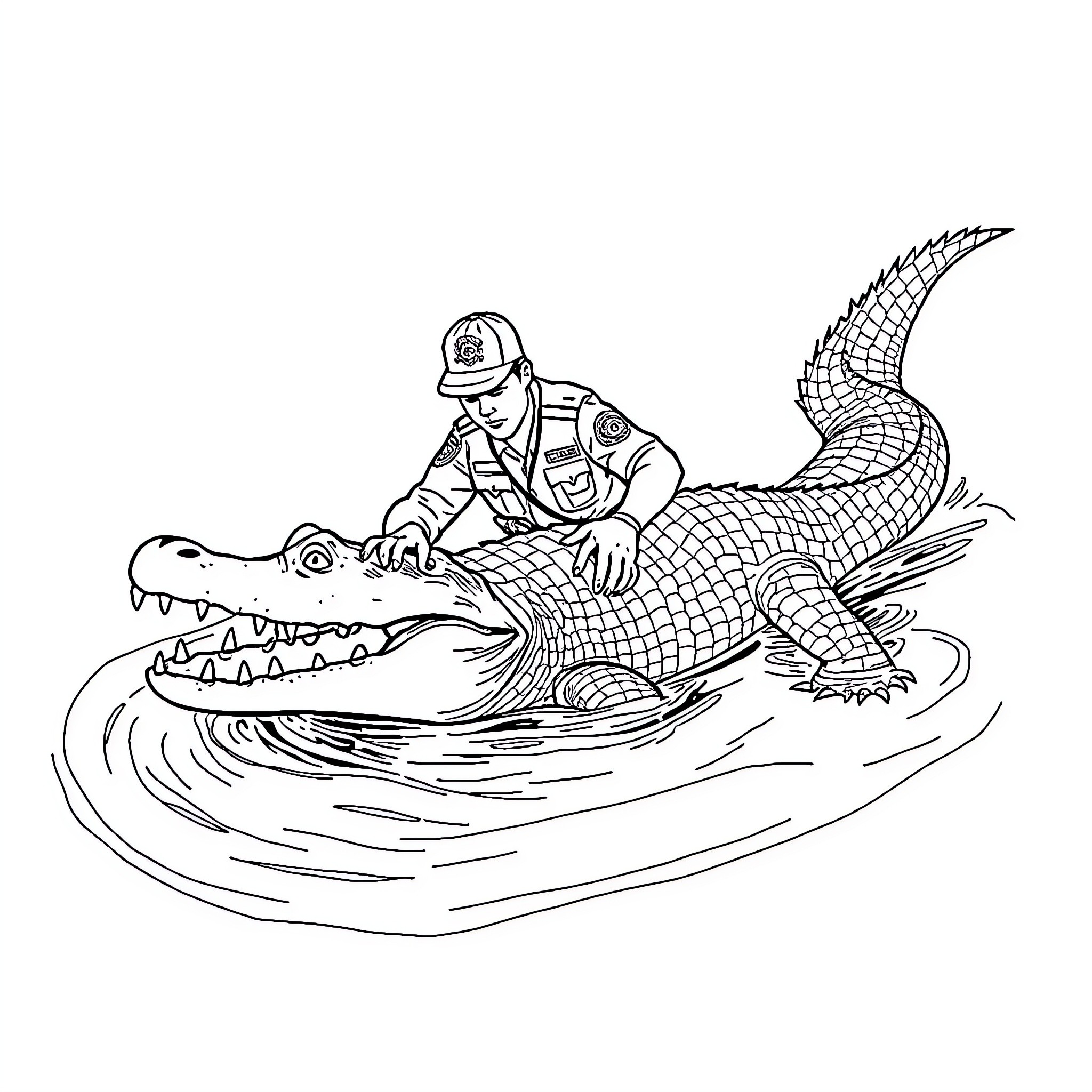 Alligator rescuer examining the reptile in the water Coloring Page (free black-and-white line drawing printable PDF for all, from beginners to advanced learners, including children, teens, adults, and seniors)