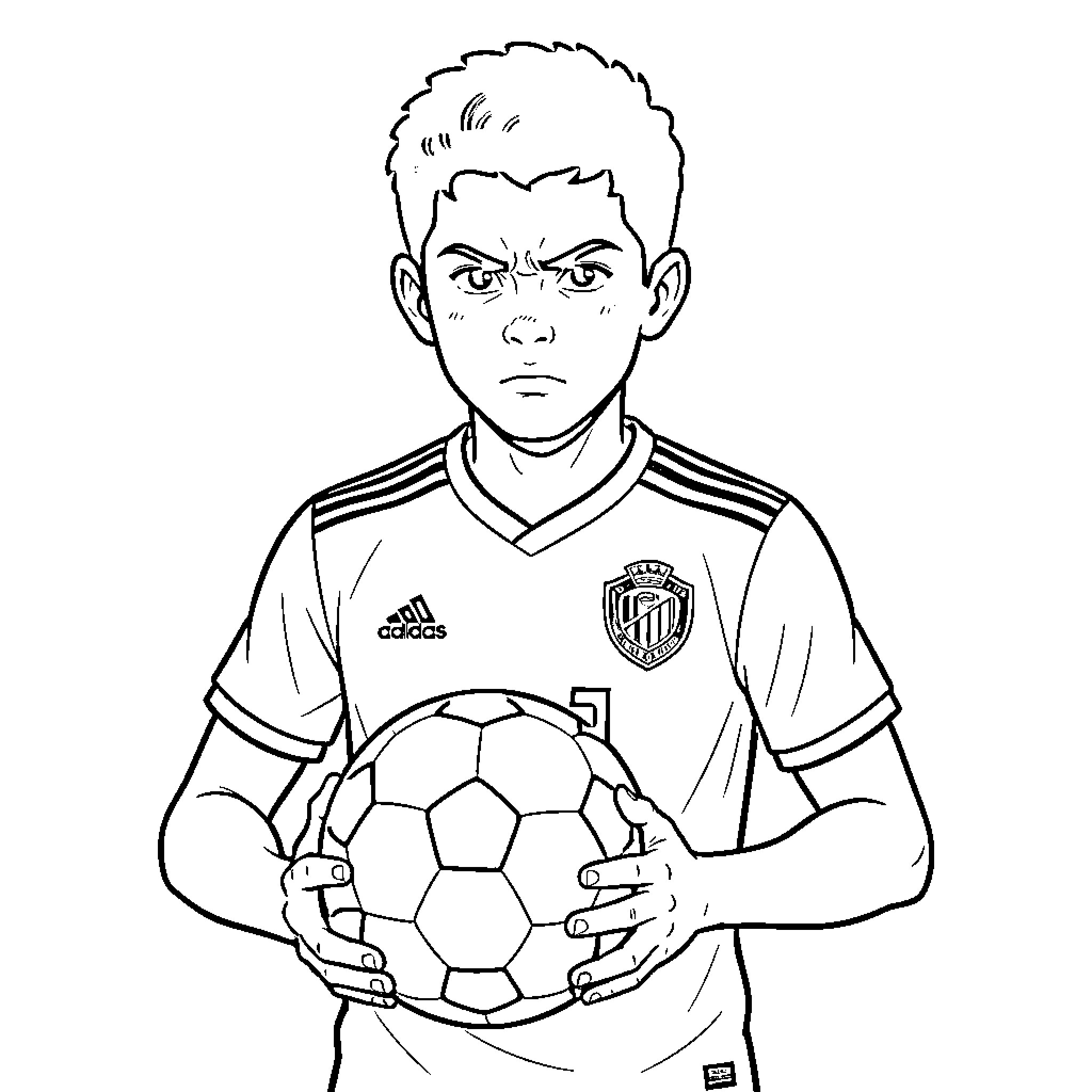Lamine Yamal holding a soccer ball with a serious expression Coloring Page (free black-and-white line drawing printable PDF for all, from beginners to advanced learners, including children, teens, adults, and seniors)