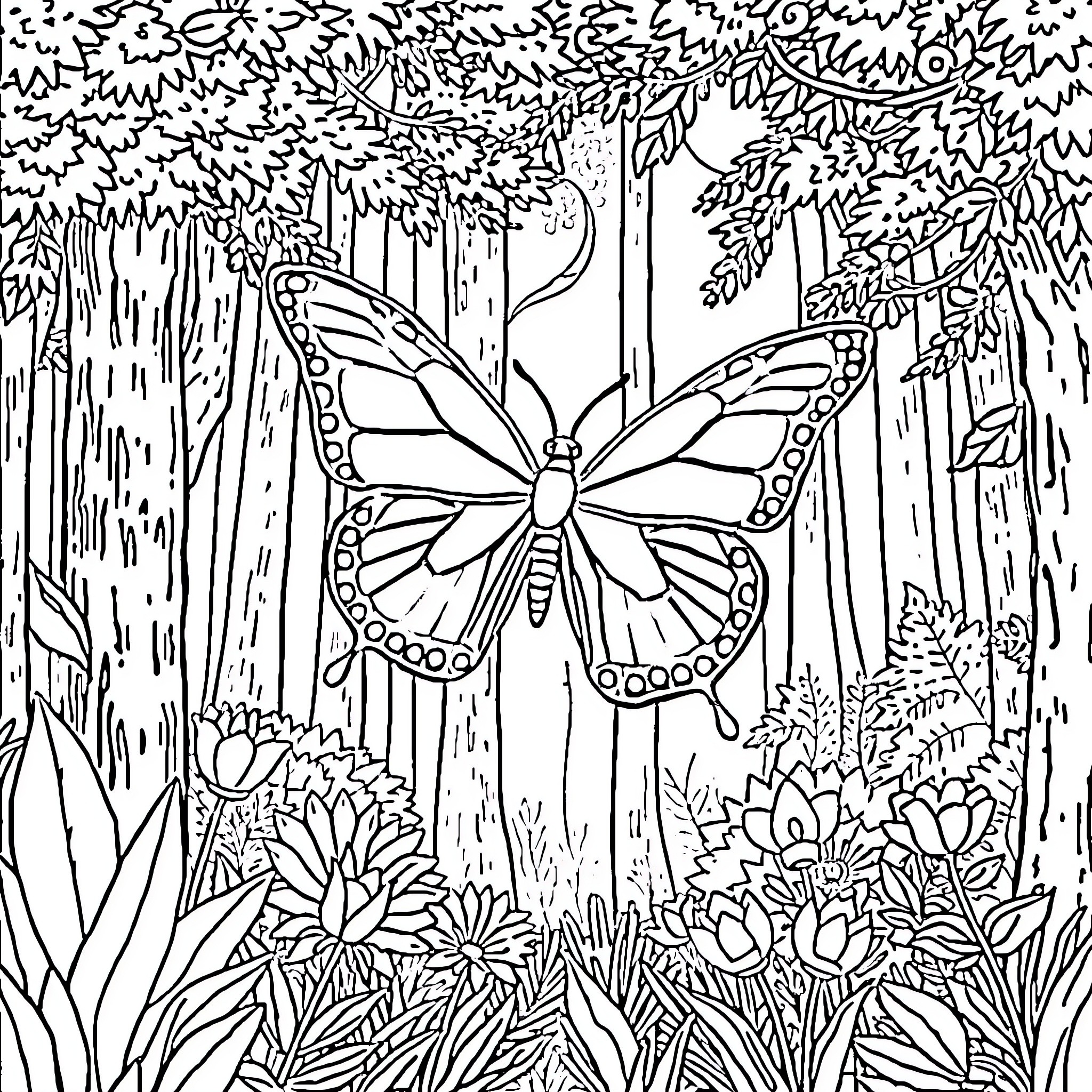 Papillon in a Whimsical Forest Sanctuary Coloring Page (free black-and-white line drawing printable PDF for all, from beginners to advanced learners, including children, teens, adults, and seniors)