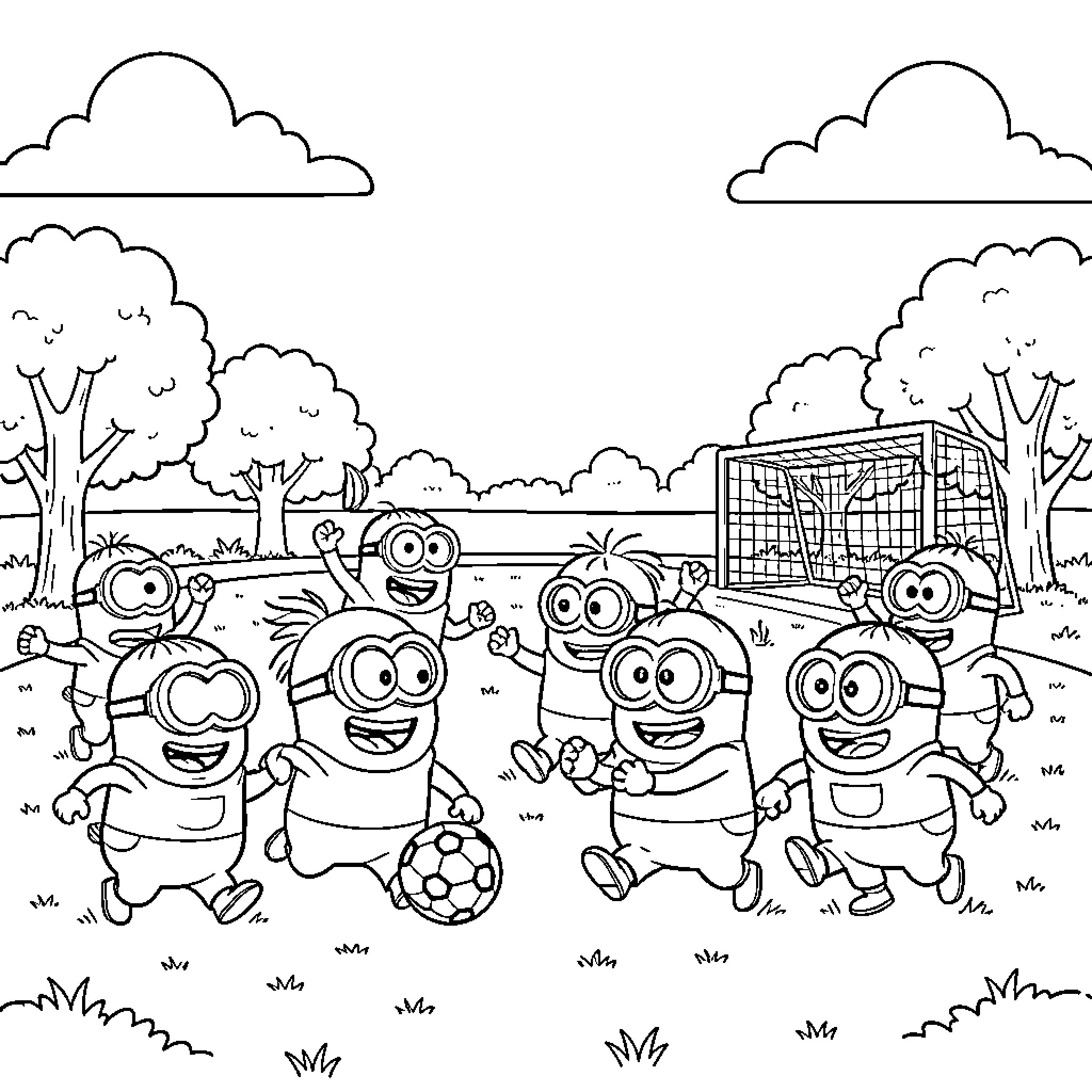 Minions playing soccer in the park Coloring Page (free black-and-white line drawing printable PDF for all, from beginners to advanced learners, including children, teens, adults, and seniors)