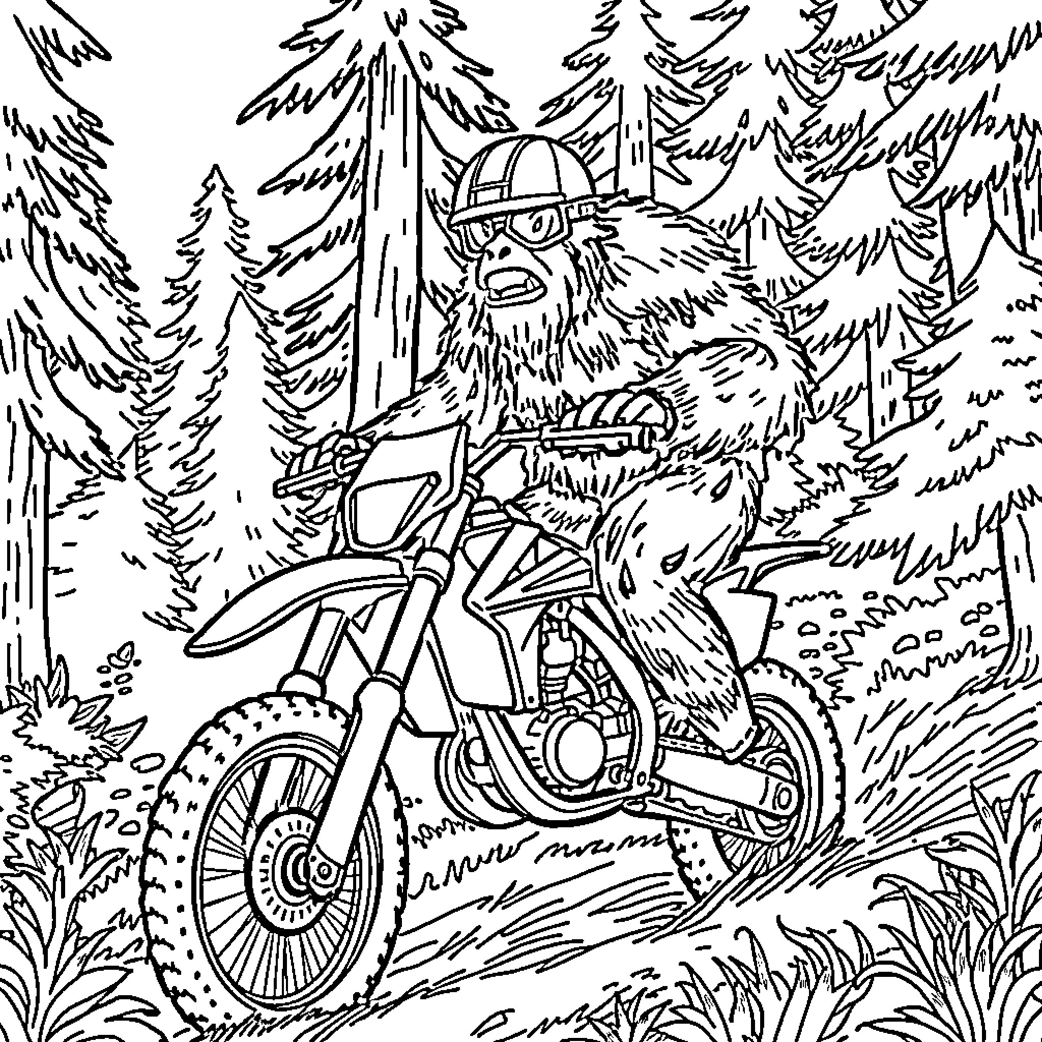 Bigfoot riding a motorcycle through the forest Coloring Page (free black-and-white line drawing printable PDF for all, from beginners to advanced learners, including children, teens, adults, and seniors)