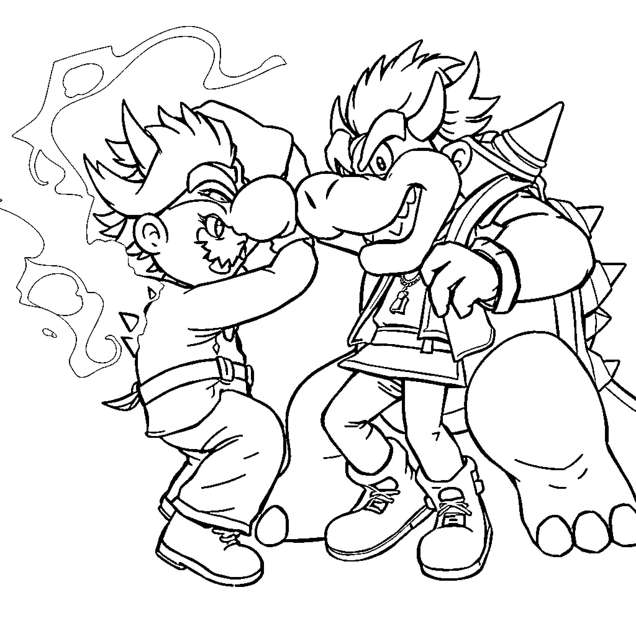Bowser confronting the main character Coloring Page (free black-and-white line drawing printable PDF for all, from beginners to advanced learners, including children, teens, adults, and seniors)