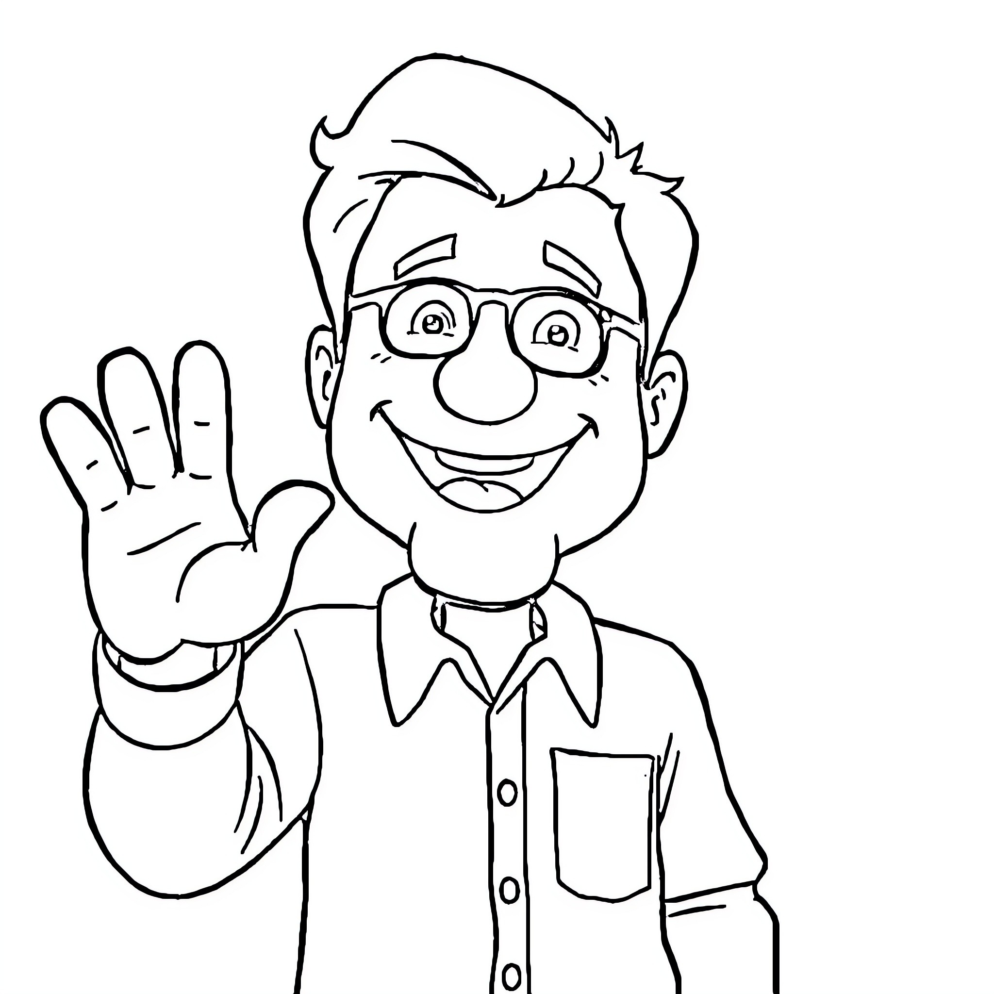 Steve's Friendly Wave in Cartoon Outfit Coloring Page (free black-and-white line drawing printable PDF for all, from beginners to advanced learners, including children, teens, adults, and seniors)