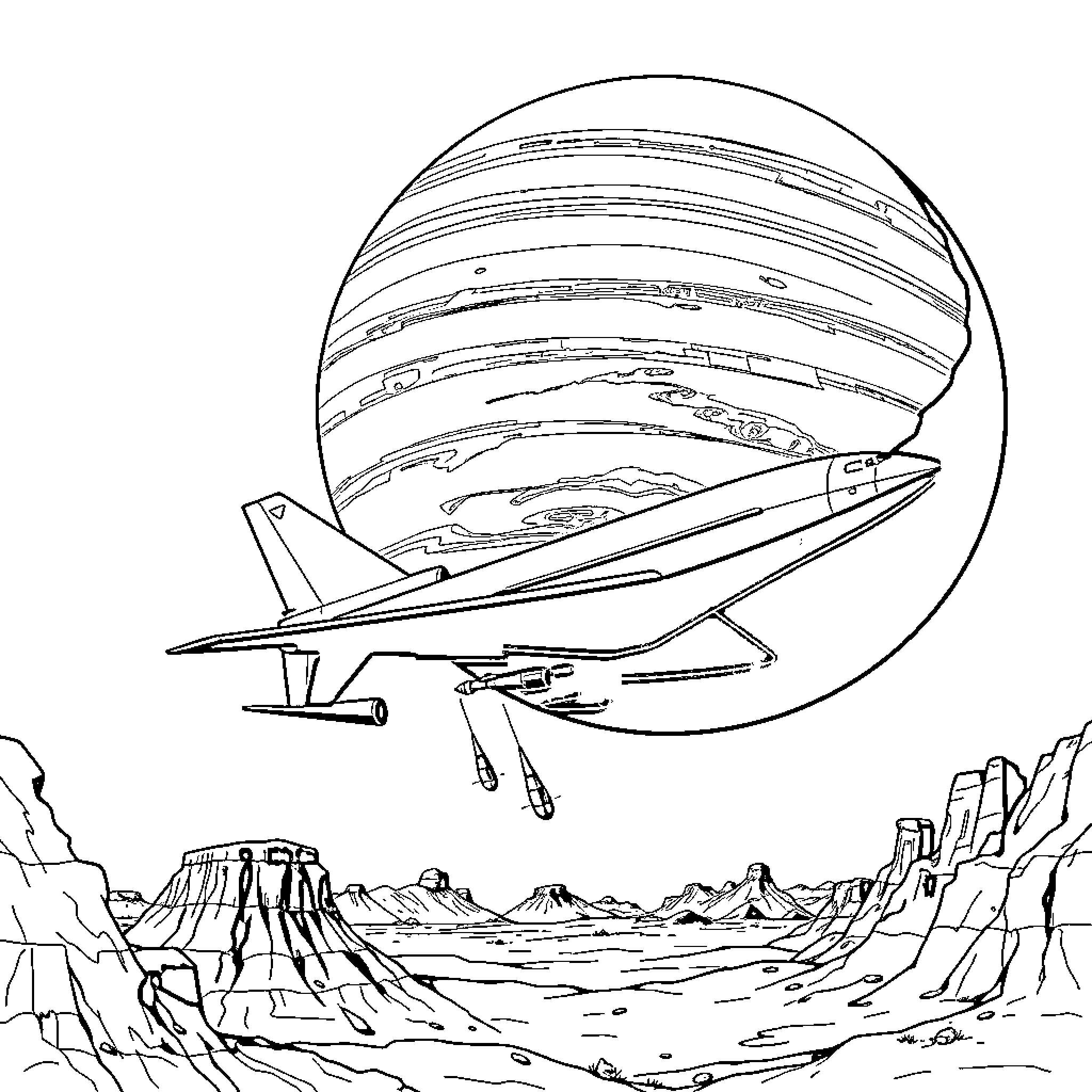Uranus spacecraft exploring the alien landscape Coloring Page (free black-and-white line drawing printable PDF for all, from beginners to advanced learners, including children, teens, adults, and seniors)