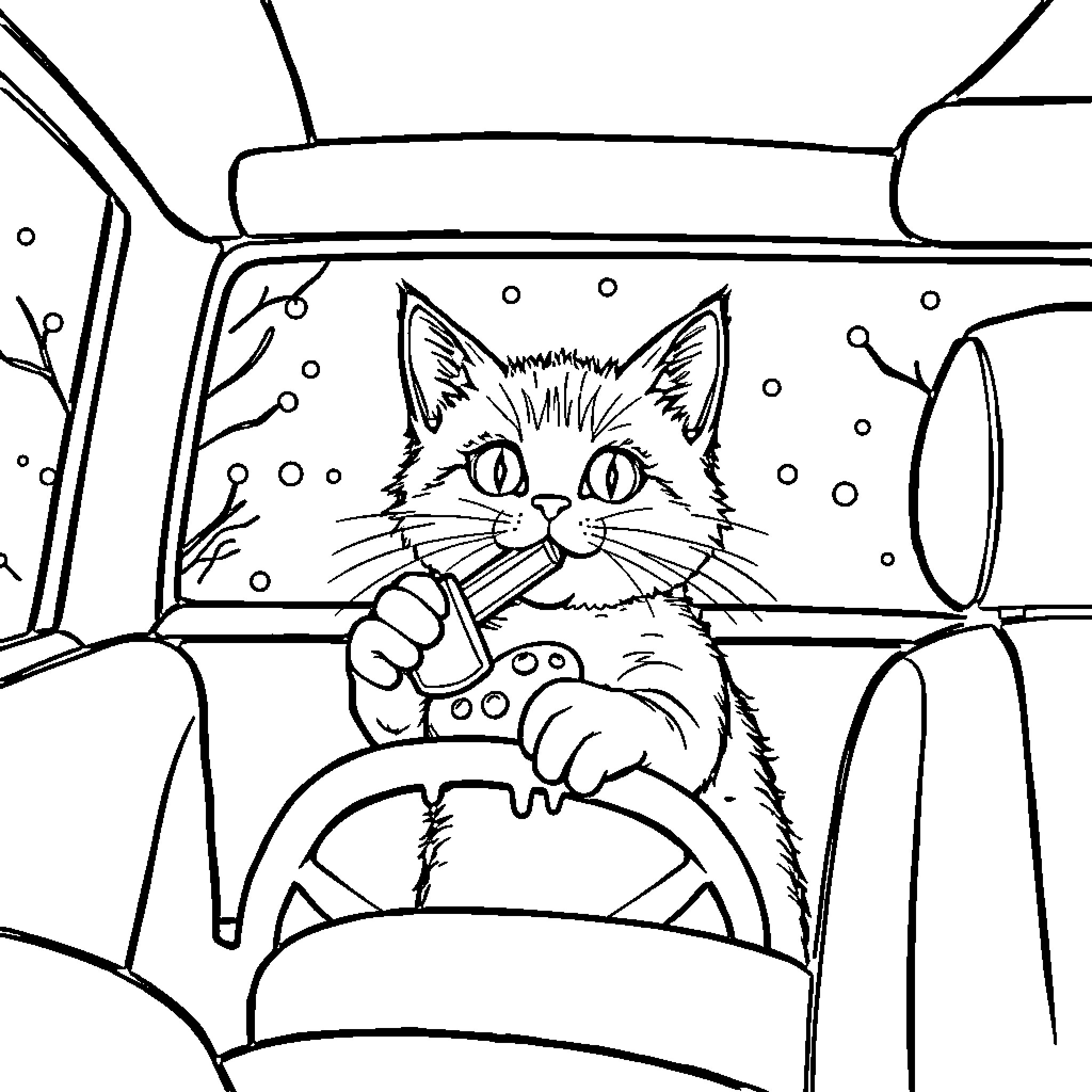Kat drives in the snowstorm Coloring Page (free black-and-white line drawing printable PDF for all, from beginners to advanced learners, including children, teens, adults, and seniors)