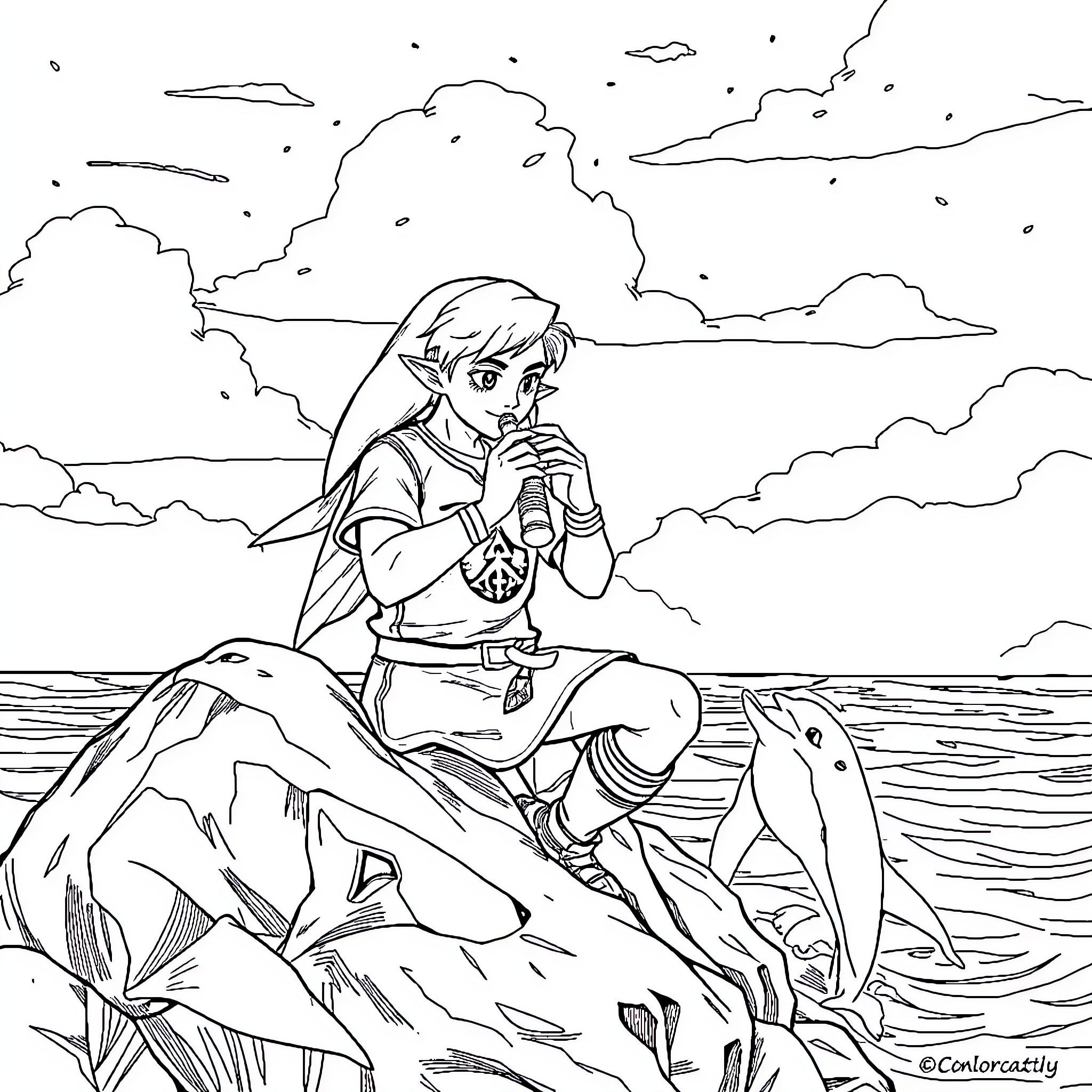 Link exploring scenic landscapes with companions Coloring Page (free black-and-white line drawing printable PDF for all, from beginners to advanced learners, including children, teens, adults, and seniors)