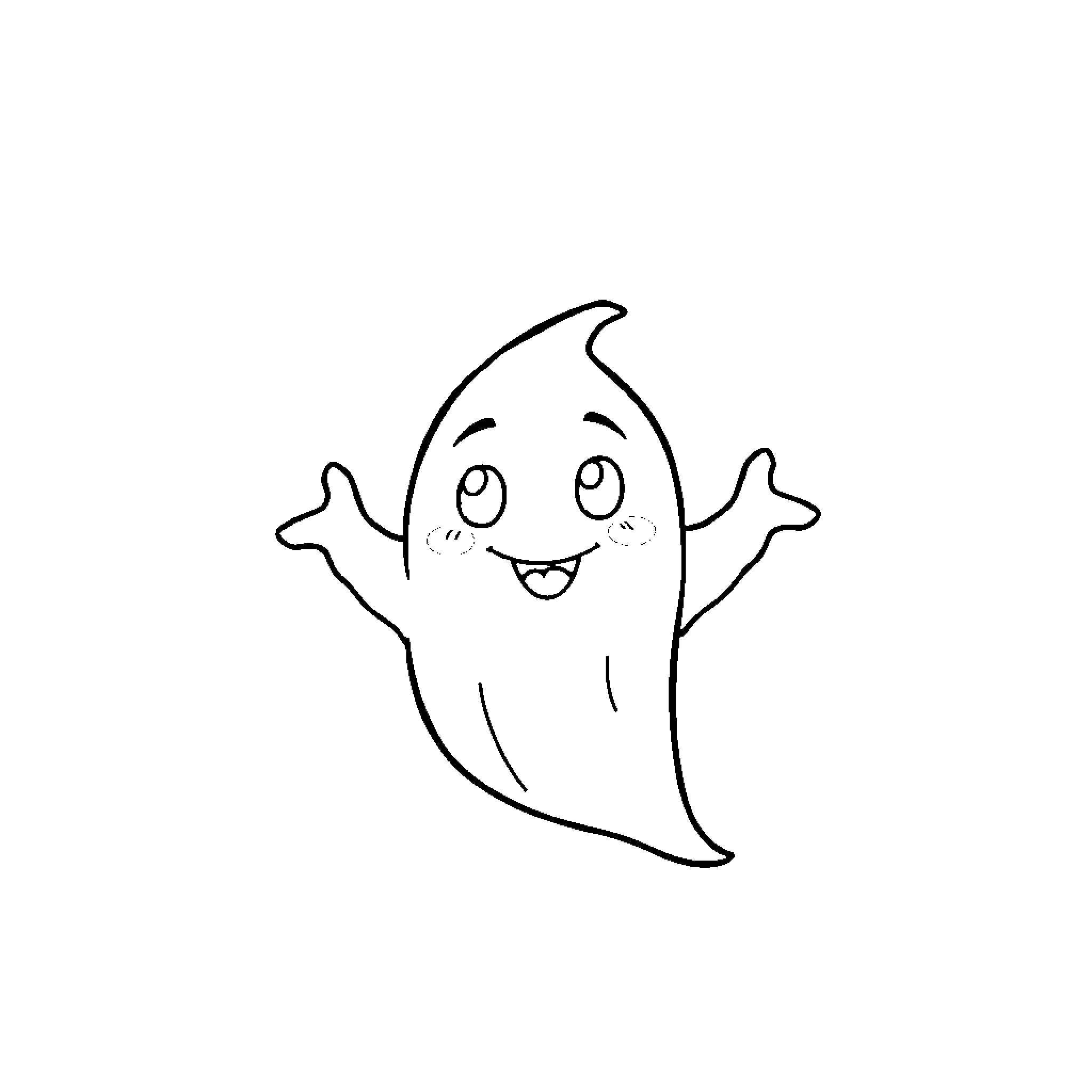 Ghost with joyful expression Coloring Page (free black-and-white line drawing printable PDF for all, from beginners to advanced learners, including children, teens, adults, and seniors)