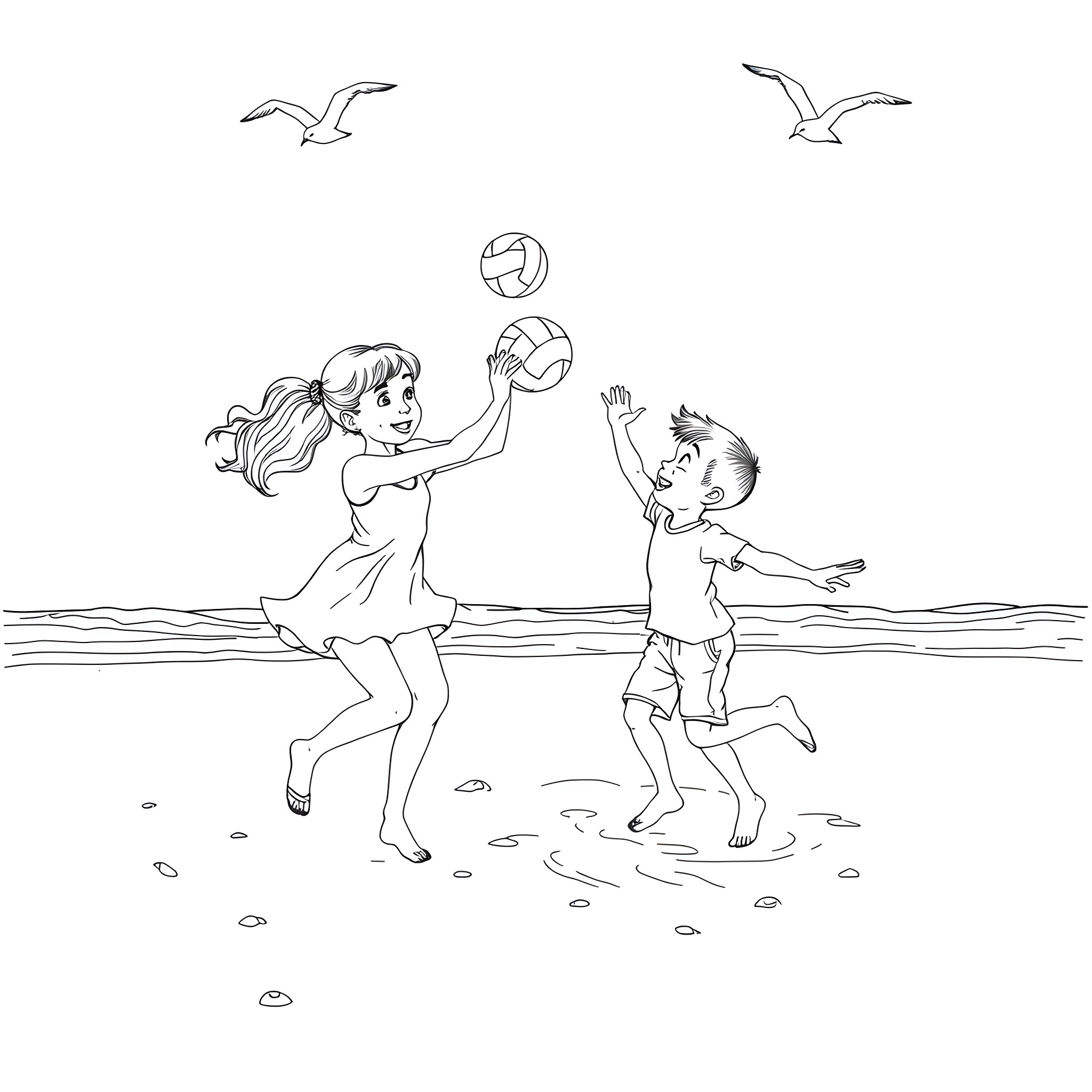 Child playing joyfully with ball on the beach Coloring Page (free black-and-white line drawing printable PDF for all, from beginners to advanced learners, including children, teens, adults, and seniors)