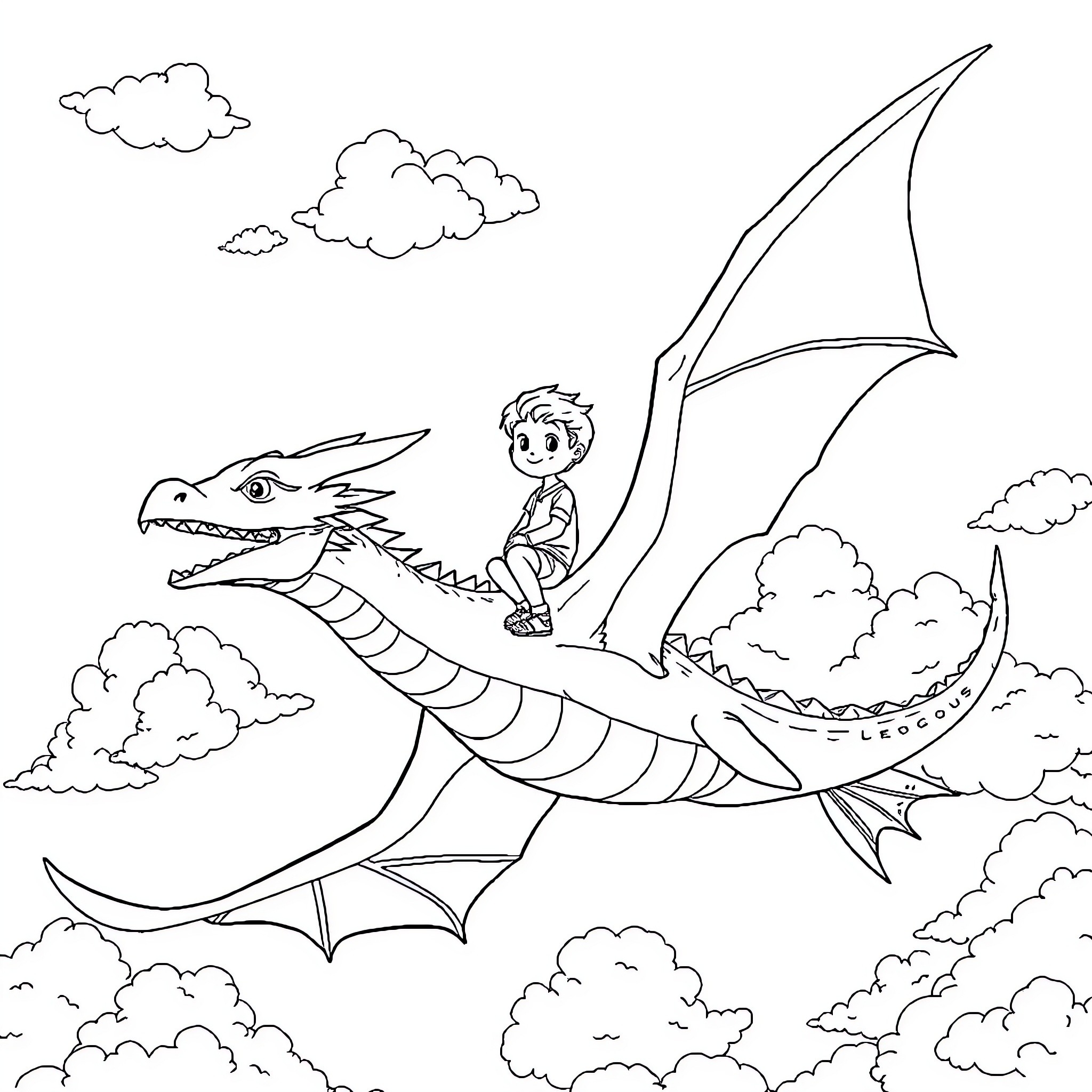 Dragon soaring through the clouds with a young rider Coloring Page (free black-and-white line drawing printable PDF for all, from beginners to advanced learners, including children, teens, adults, and seniors)