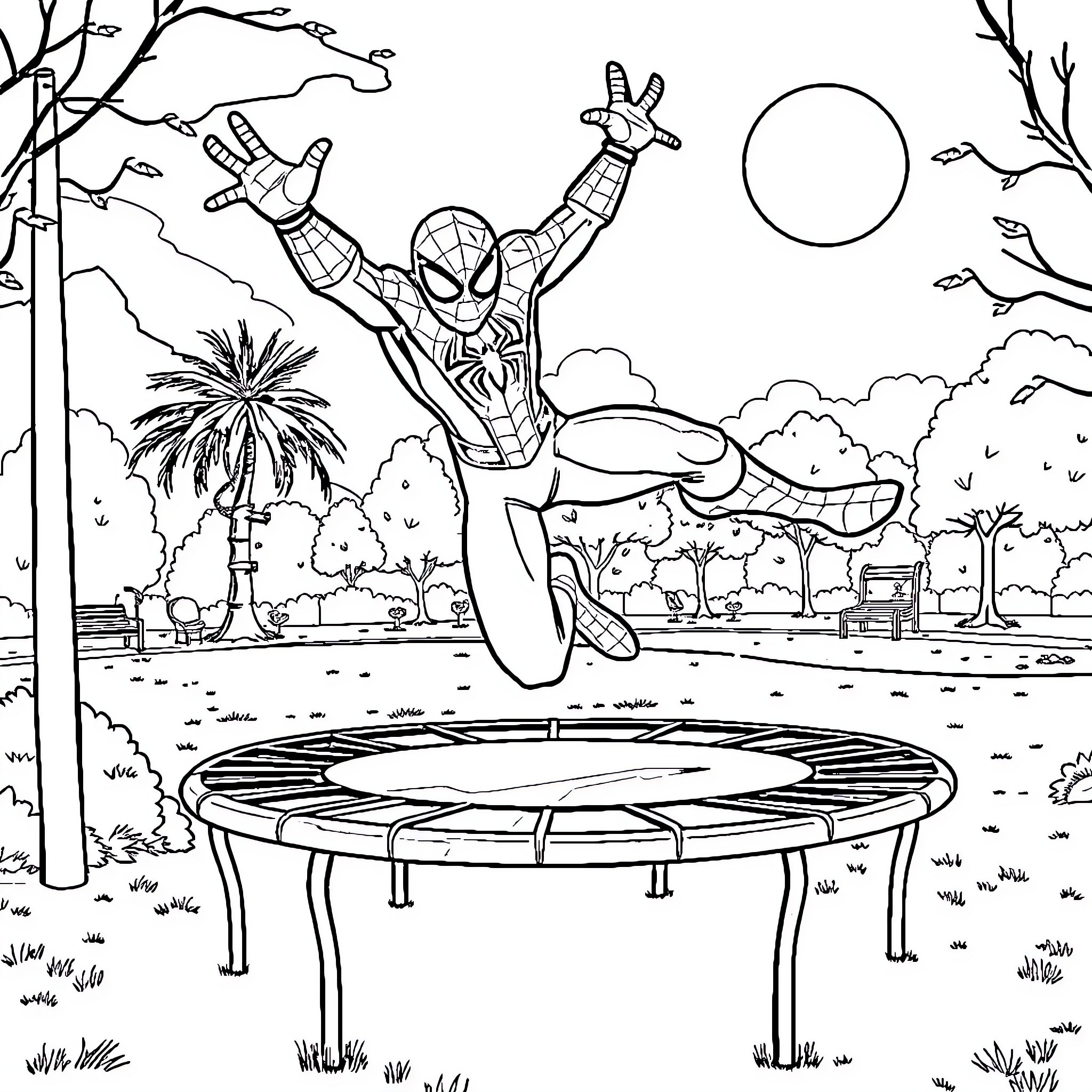 Spiderman swinging joyfully in a park landscape Coloring Page (free black-and-white line drawing printable PDF for all, from beginners to advanced learners, including children, teens, adults, and seniors)