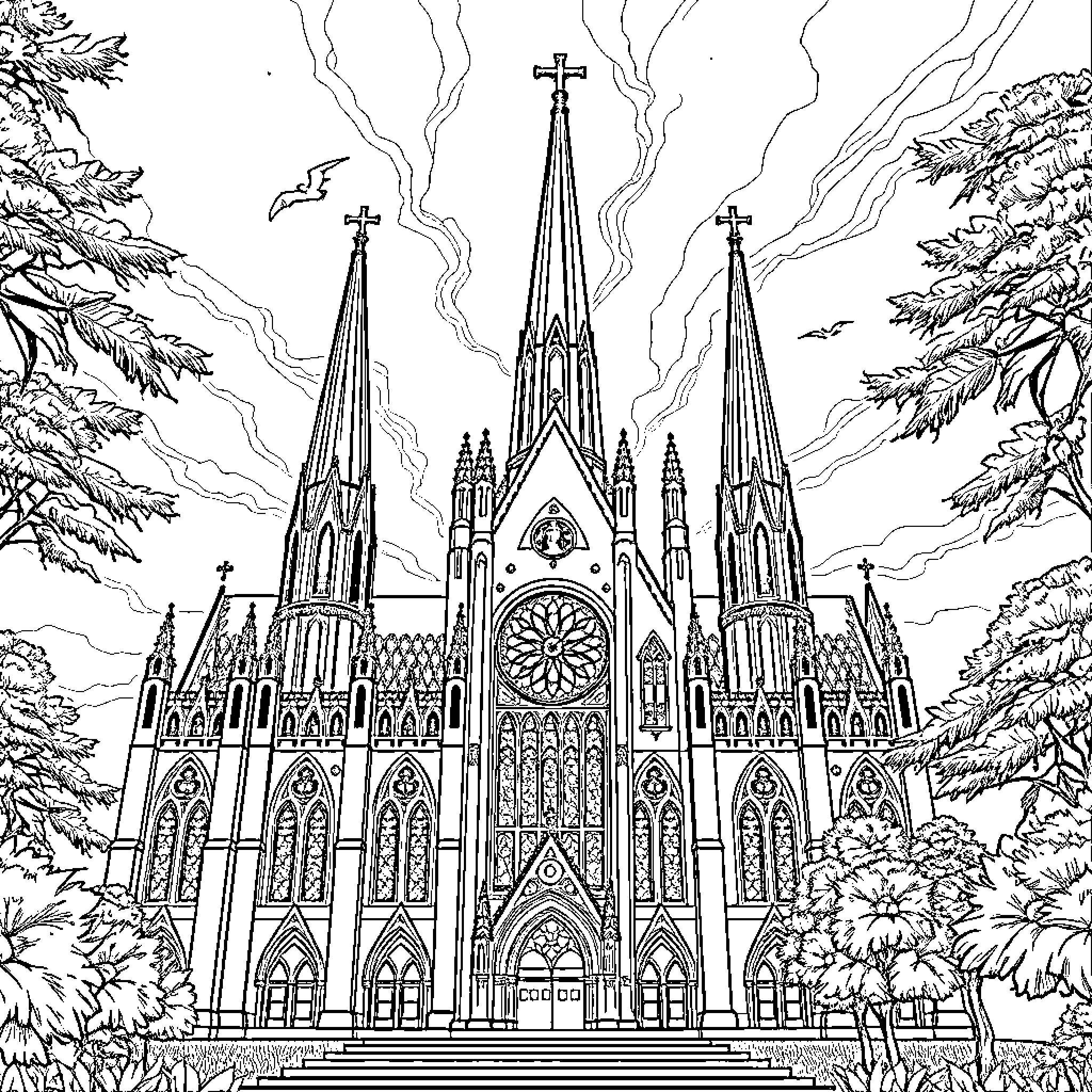 Basilica of Gothic Architecture in the Wilderness Coloring Page (free black-and-white line drawing printable PDF for all, from beginners to advanced learners, including children, teens, adults, and seniors)