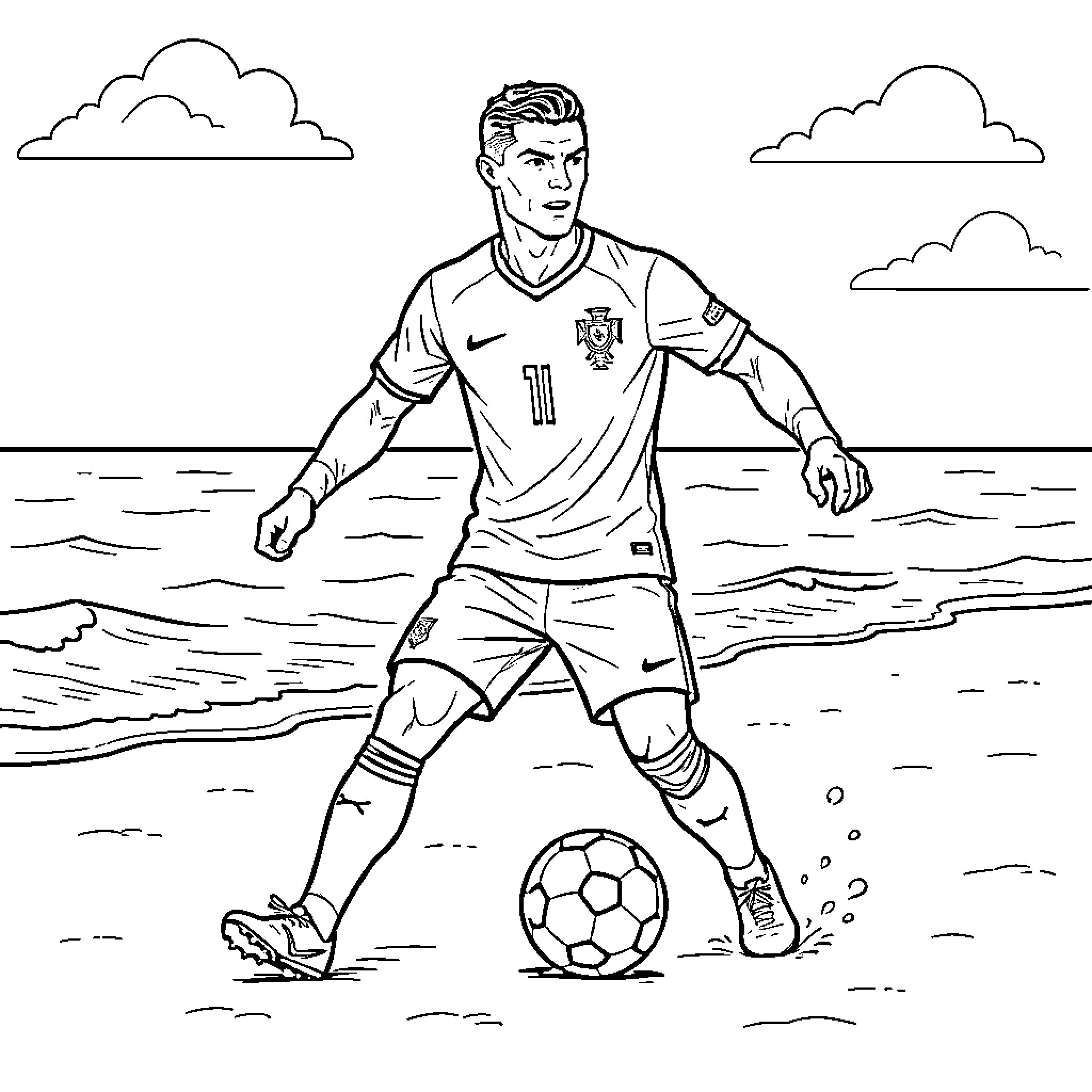 Cristiano Ronaldo playing soccer on a sandy beach Coloring Page (free black-and-white line drawing printable PDF for all, from beginners to advanced learners, including children, teens, adults, and seniors)