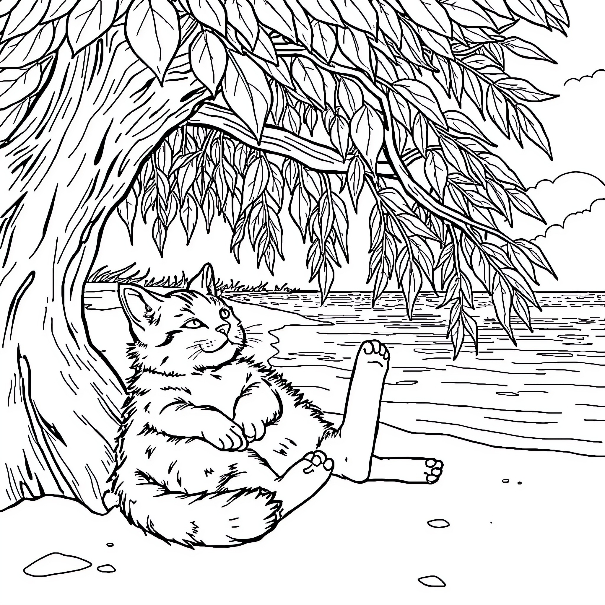 Gato resting peacefully by the lake Coloring Page (free black-and-white line drawing printable PDF for all, from beginners to advanced learners, including children, teens, adults, and seniors)