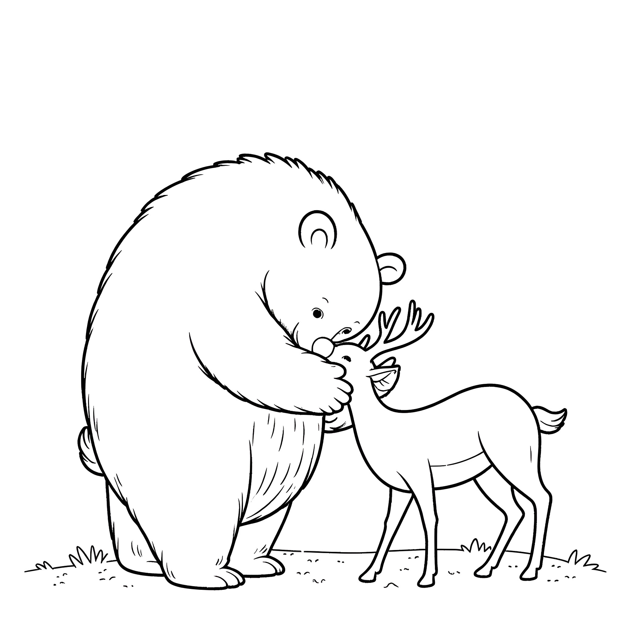 Bear befriending a small deer Coloring Page (free black-and-white line drawing printable PDF for all, from beginners to advanced learners, including children, teens, adults, and seniors)