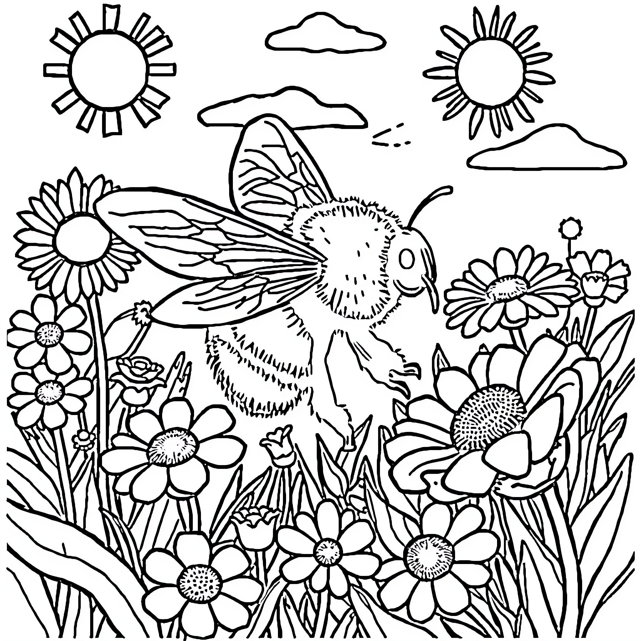 Bumblebee exploring a floral garden Coloring Page (free black-and-white line drawing printable PDF for all, from beginners to advanced learners, including children, teens, adults, and seniors)