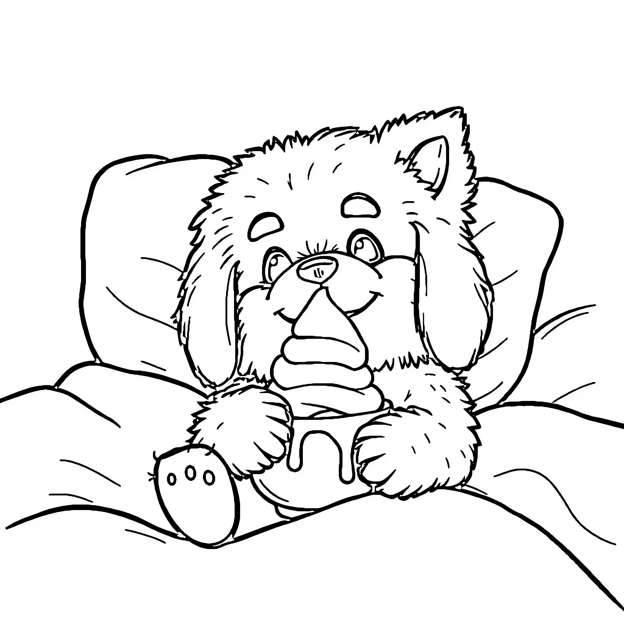 Dog sleeping peacefully on a pillow Coloring Page (free black-and-white line drawing printable PDF for all, from beginners to advanced learners, including children, teens, adults, and seniors)