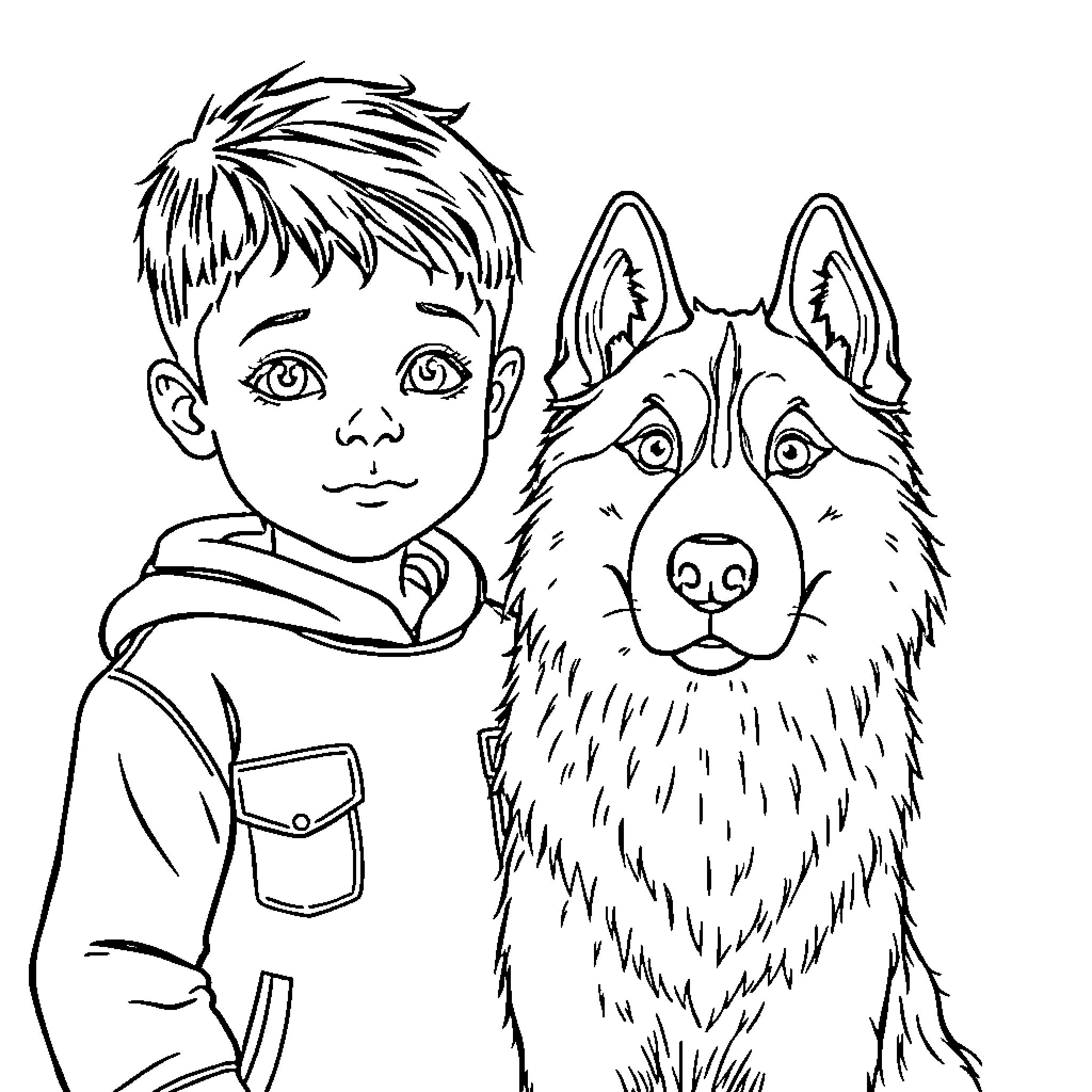 Boy and his loyal canine companion Coloring Page (free black-and-white line drawing printable PDF for all, from beginners to advanced learners, including children, teens, adults, and seniors)