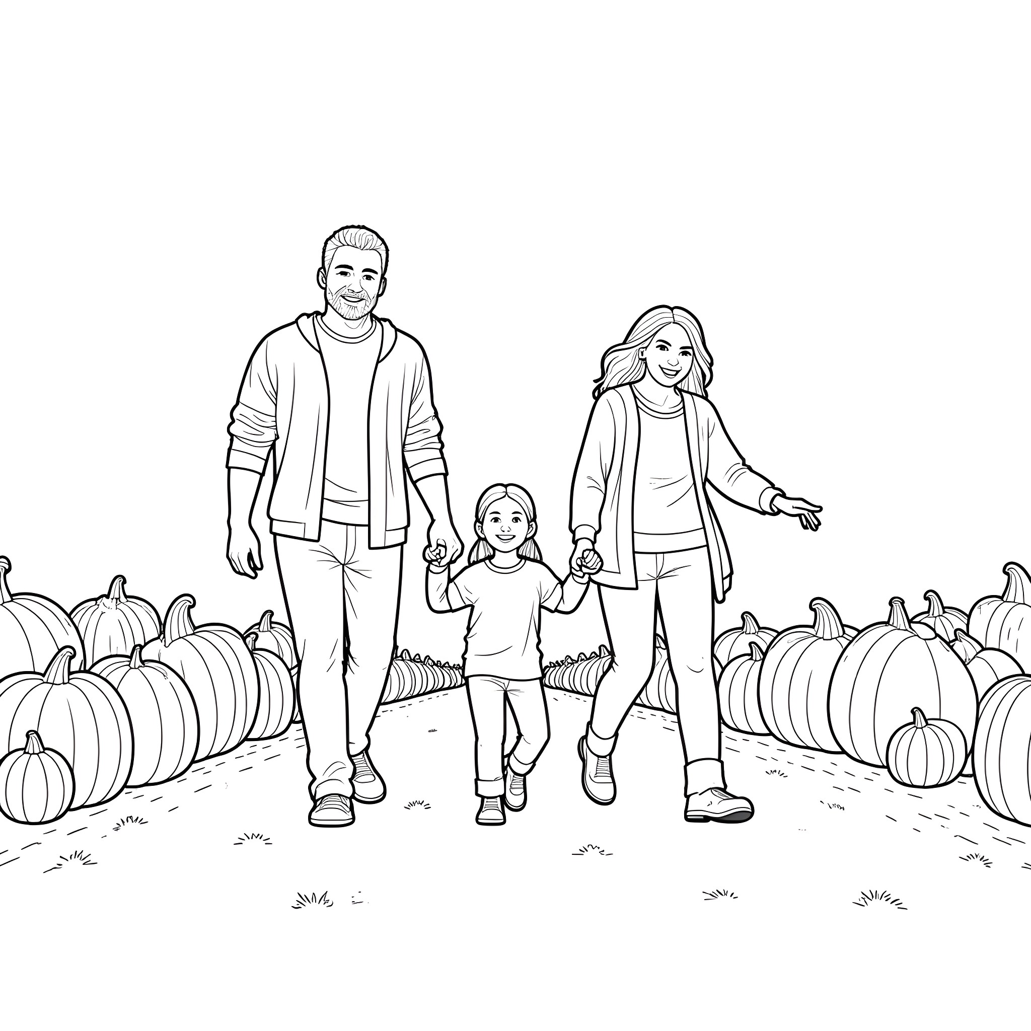 Family enjoying time together in pumpkin patch Coloring Page (free black-and-white line drawing printable PDF for all, from beginners to advanced learners, including children, teens, adults, and seniors)
