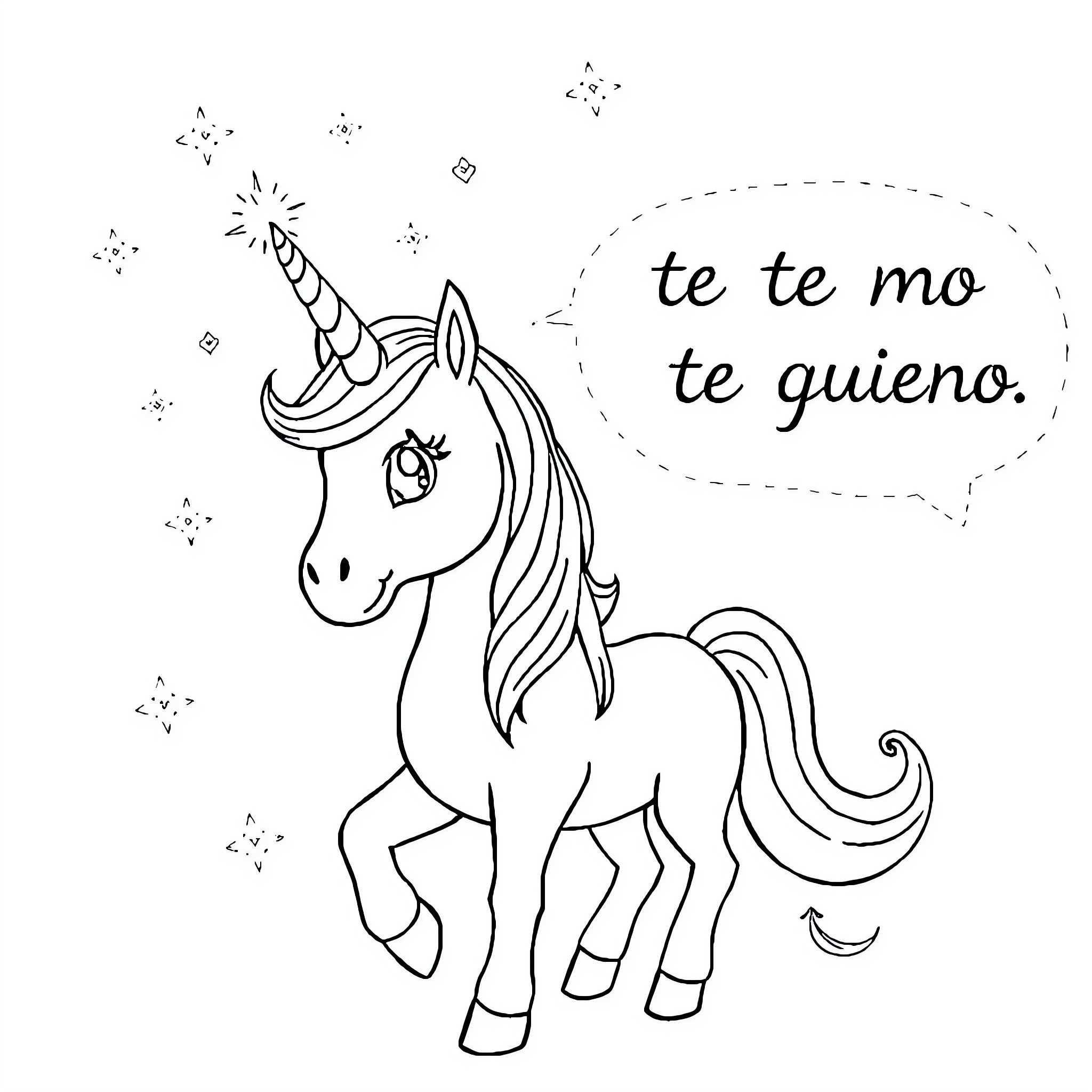Unicorn greeting with a speech bubble Coloring Page (free black-and-white line drawing printable PDF for all, from beginners to advanced learners, including children, teens, adults, and seniors)