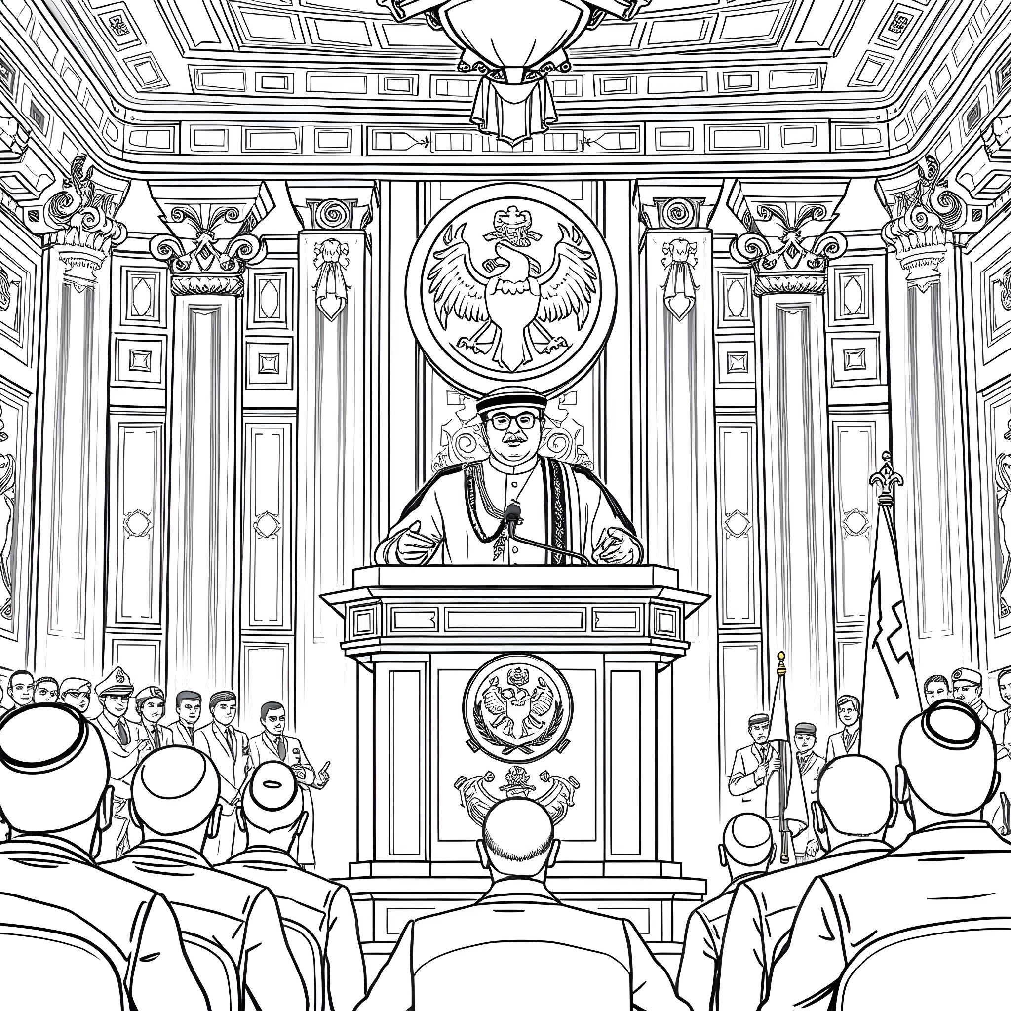 President Delivering Speech in Ornate Chamber Coloring Page (free black-and-white line drawing printable PDF for all, from beginners to advanced learners, including children, teens, adults, and seniors)