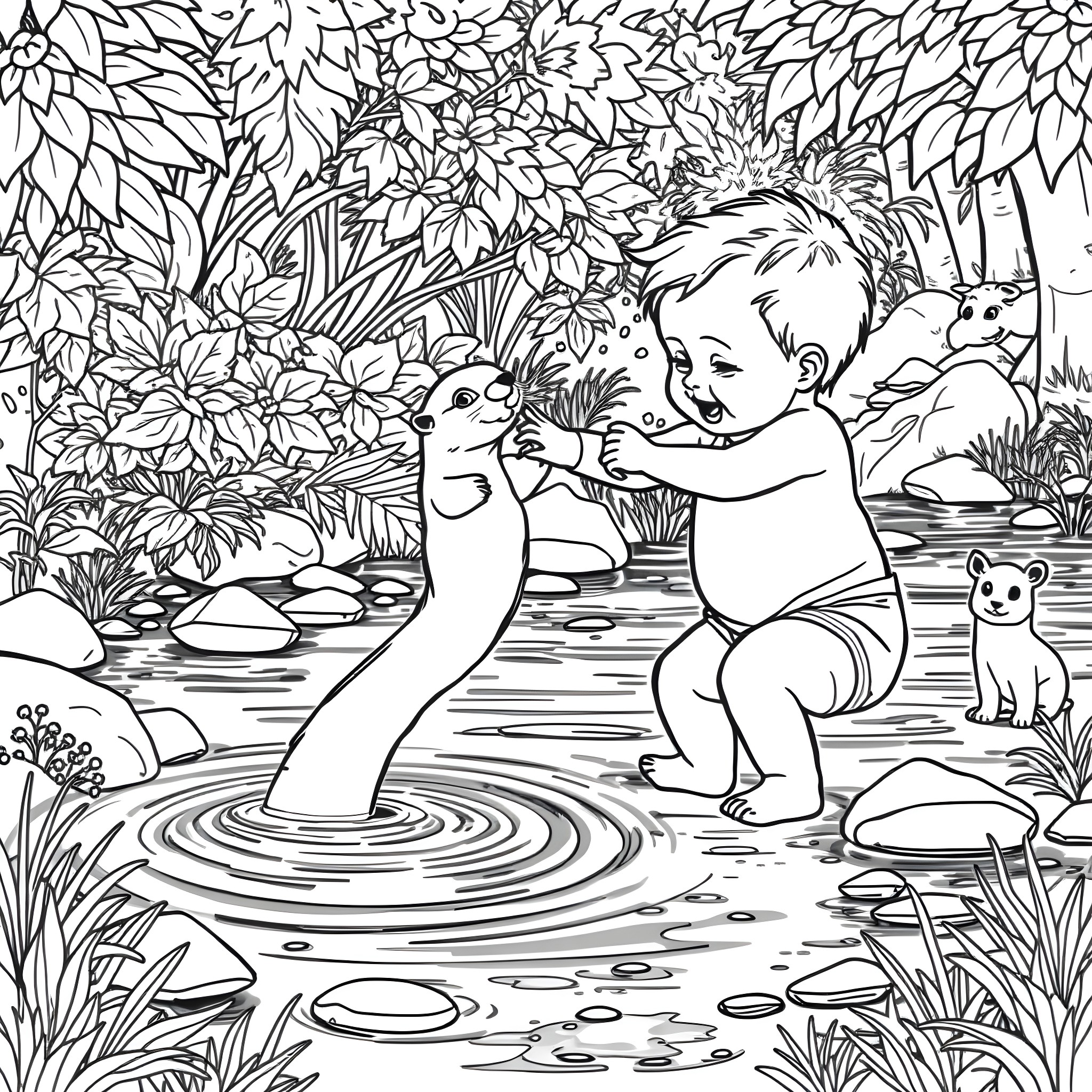 Baby playing joyfully with duck in nature Coloring Page (free black-and-white line drawing printable PDF for all, from beginners to advanced learners, including children, teens, adults, and seniors)