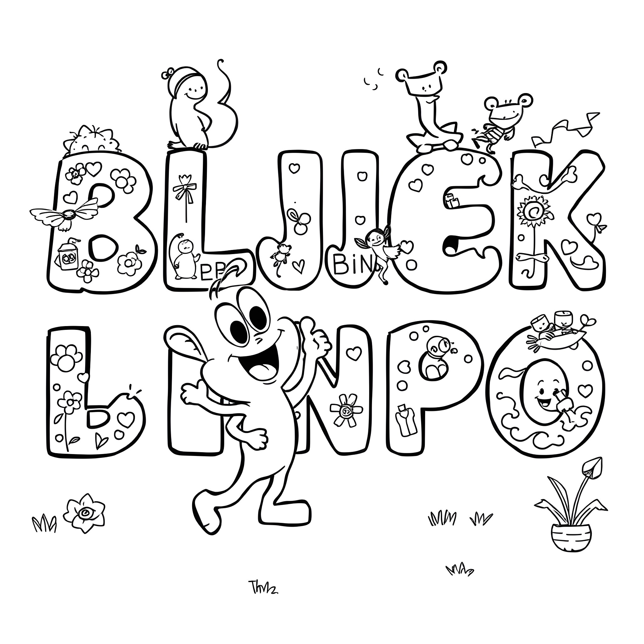Bluey characters in playful postures Coloring Page (free black-and-white line drawing printable PDF for all, from beginners to advanced learners, including children, teens, adults, and seniors)