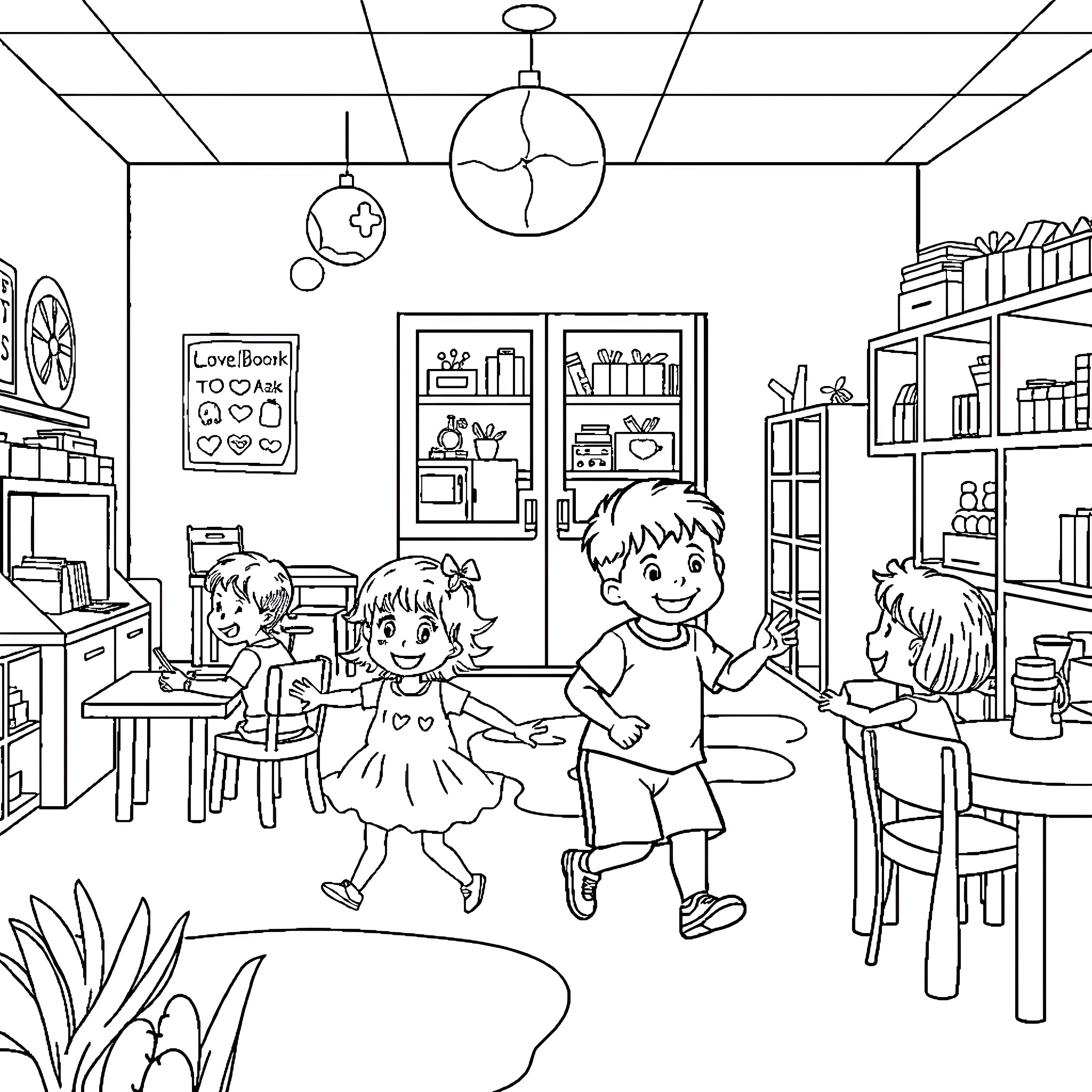 Children playing and exploring in a classroom Coloring Page (free black-and-white line drawing printable PDF for all, from beginners to advanced learners, including children, teens, adults, and seniors)