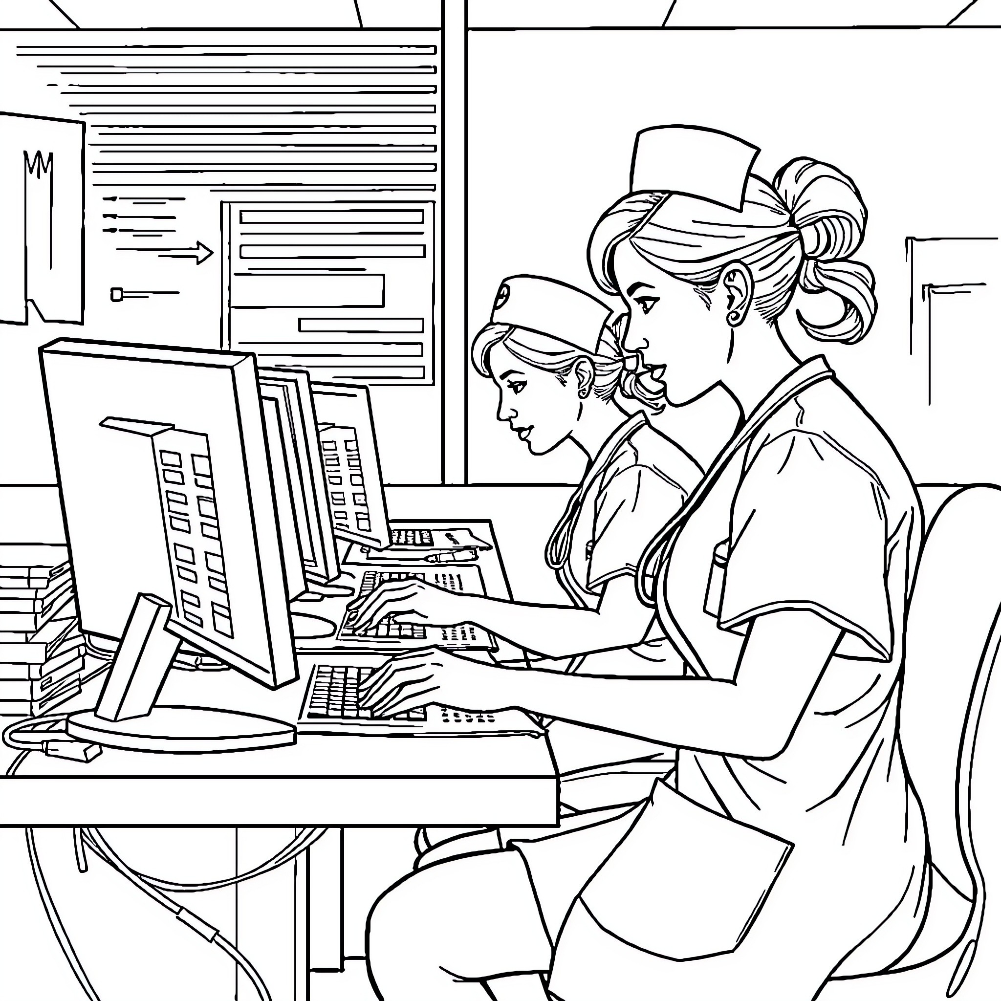 Nurses Working Diligently at Computers Coloring Page (free black-and-white line drawing printable PDF for all, from beginners to advanced learners, including children, teens, adults, and seniors)