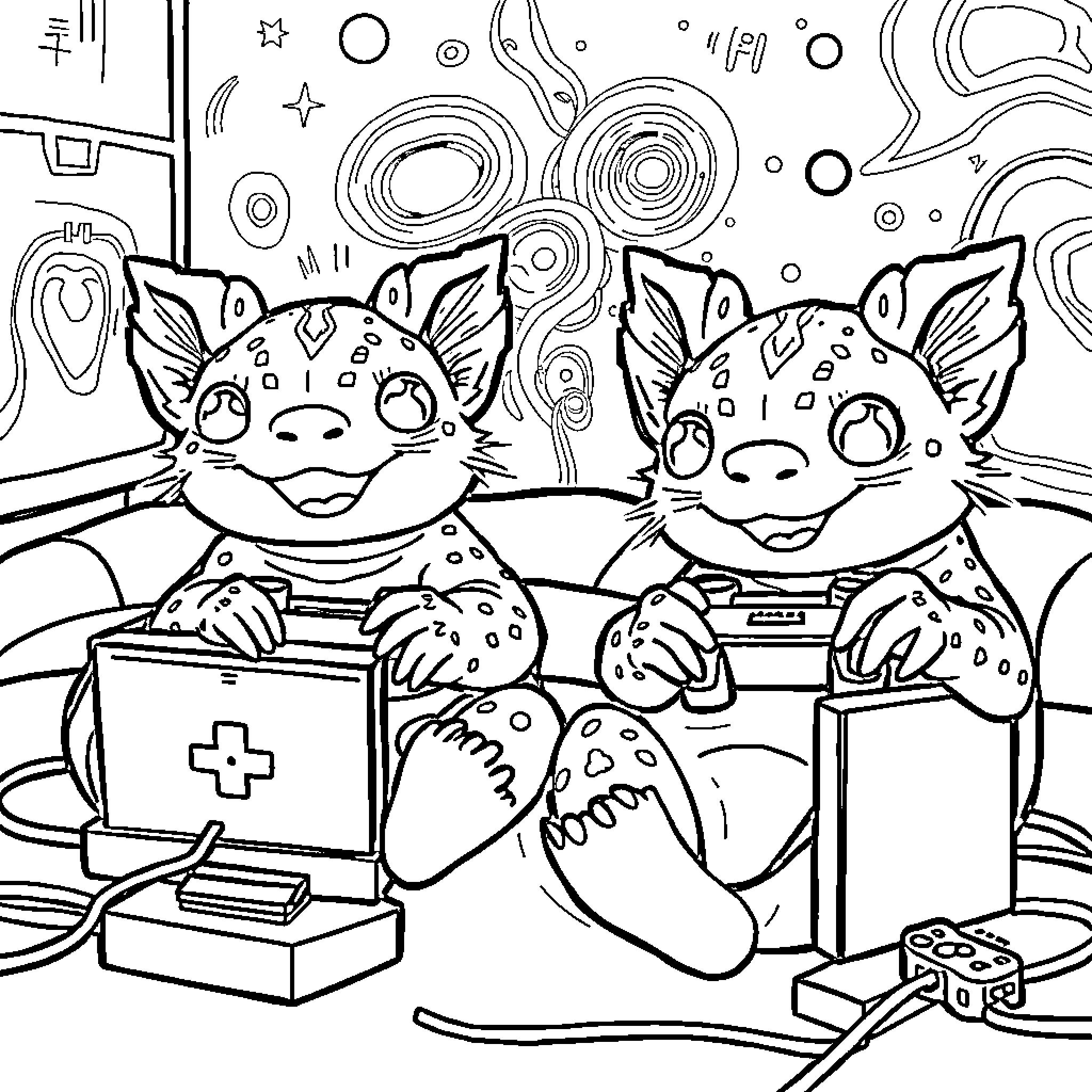 Axolotls as friendly medical assistants Coloring Page (free black-and-white line drawing printable PDF for all, from beginners to advanced learners, including children, teens, adults, and seniors)