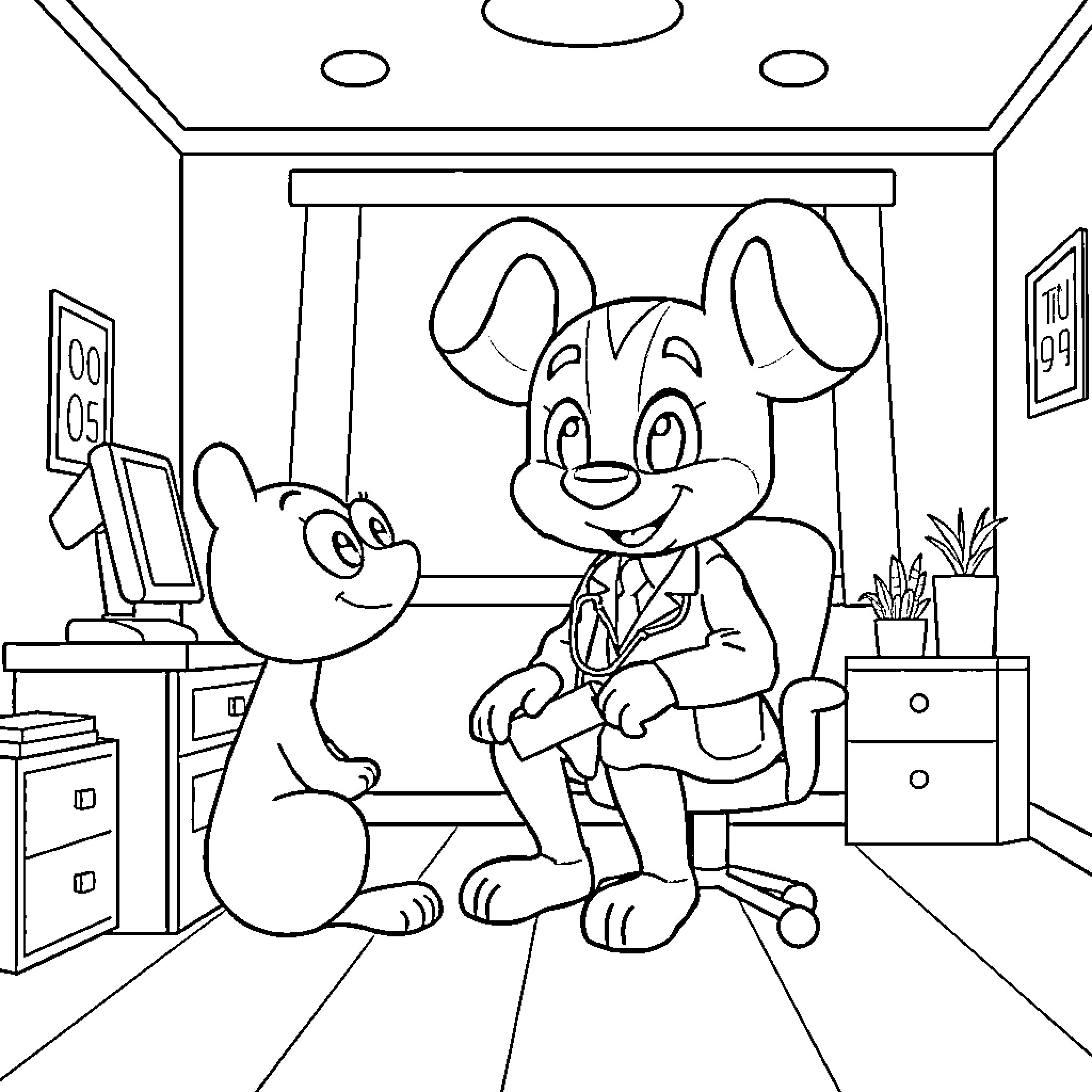 Bluey and Friend in an Office Setting Coloring Page (free black-and-white line drawing printable PDF for all, from beginners to advanced learners, including children, teens, adults, and seniors)