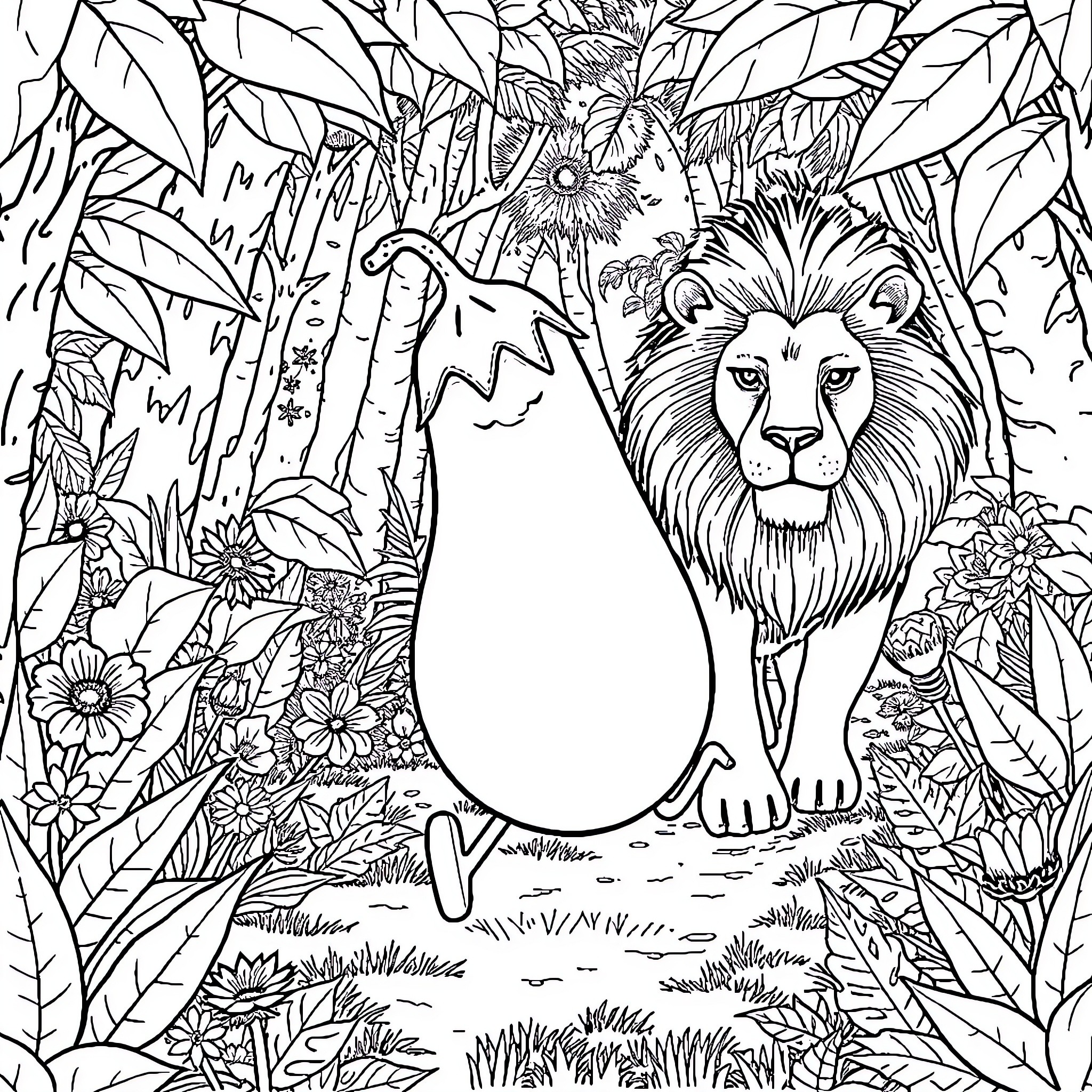 Eggplant and majestic lion in lush floral landscape Coloring Page (free black-and-white line drawing printable PDF for all, from beginners to advanced learners, including children, teens, adults, and seniors)
