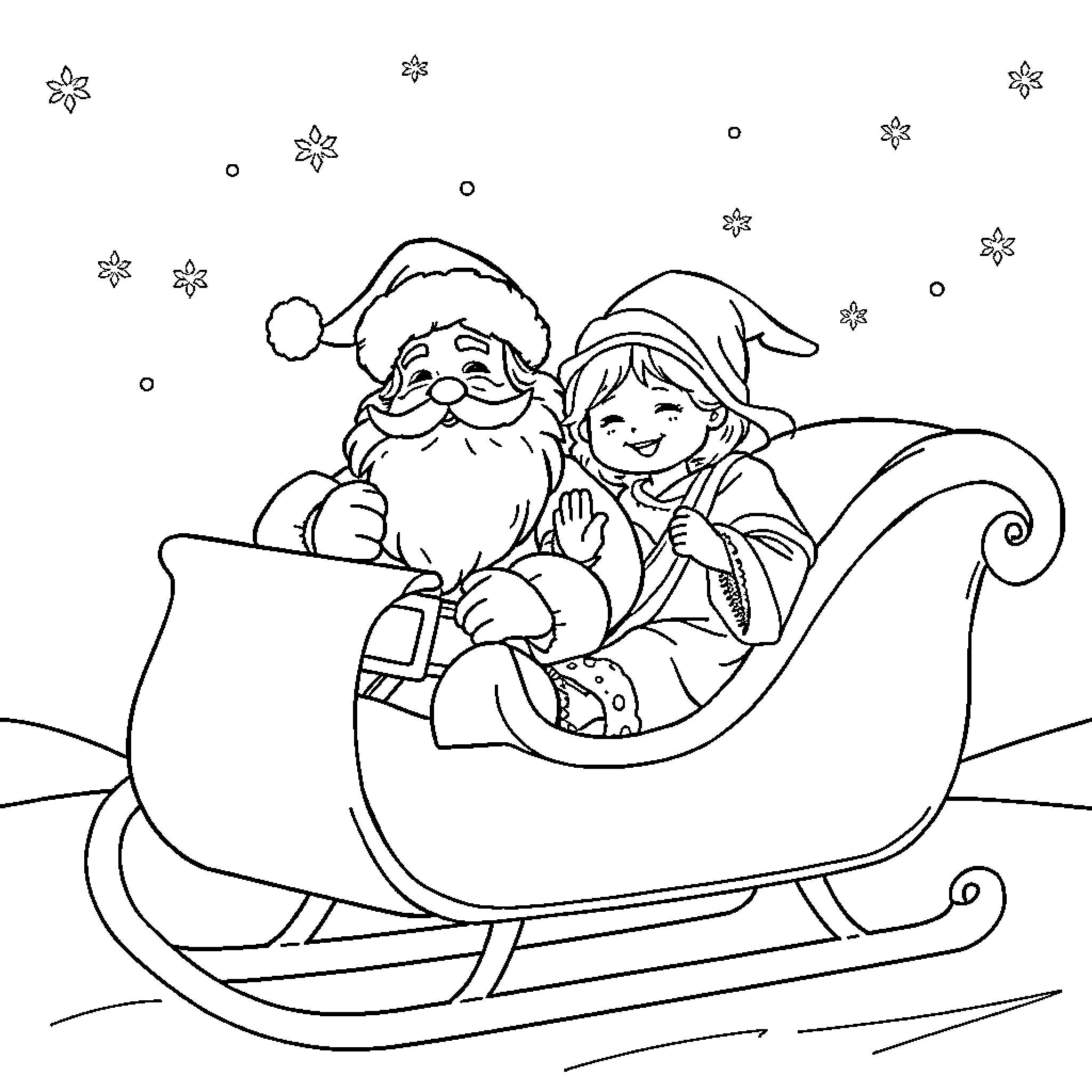 Santa and Elf riding in a sleigh Coloring Page (free black-and-white line drawing printable PDF for all, from beginners to advanced learners, including children, teens, adults, and seniors)