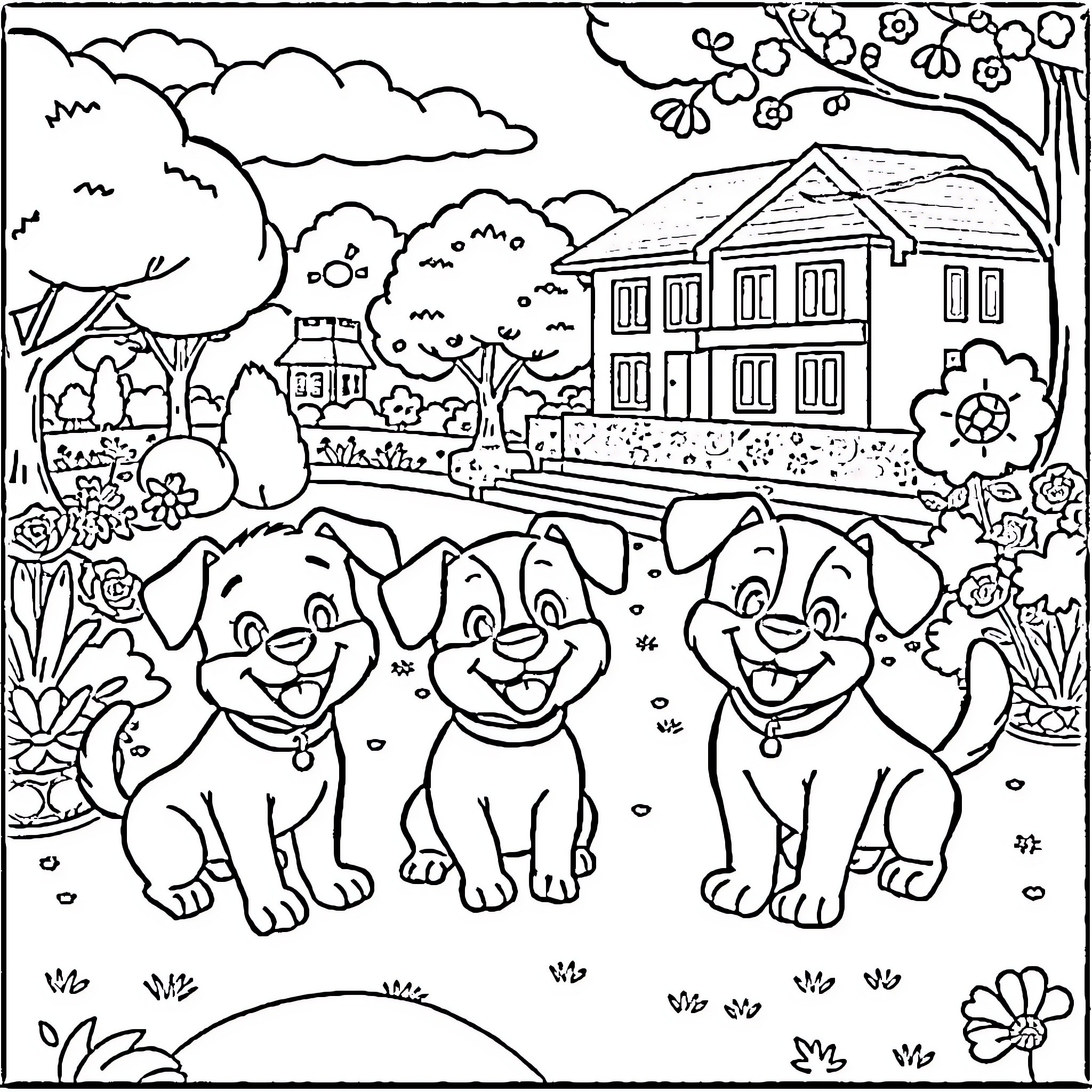 Dog friends playing happily in a colorful park Coloring Page (free black-and-white line drawing printable PDF for all, from beginners to advanced learners, including children, teens, adults, and seniors)
