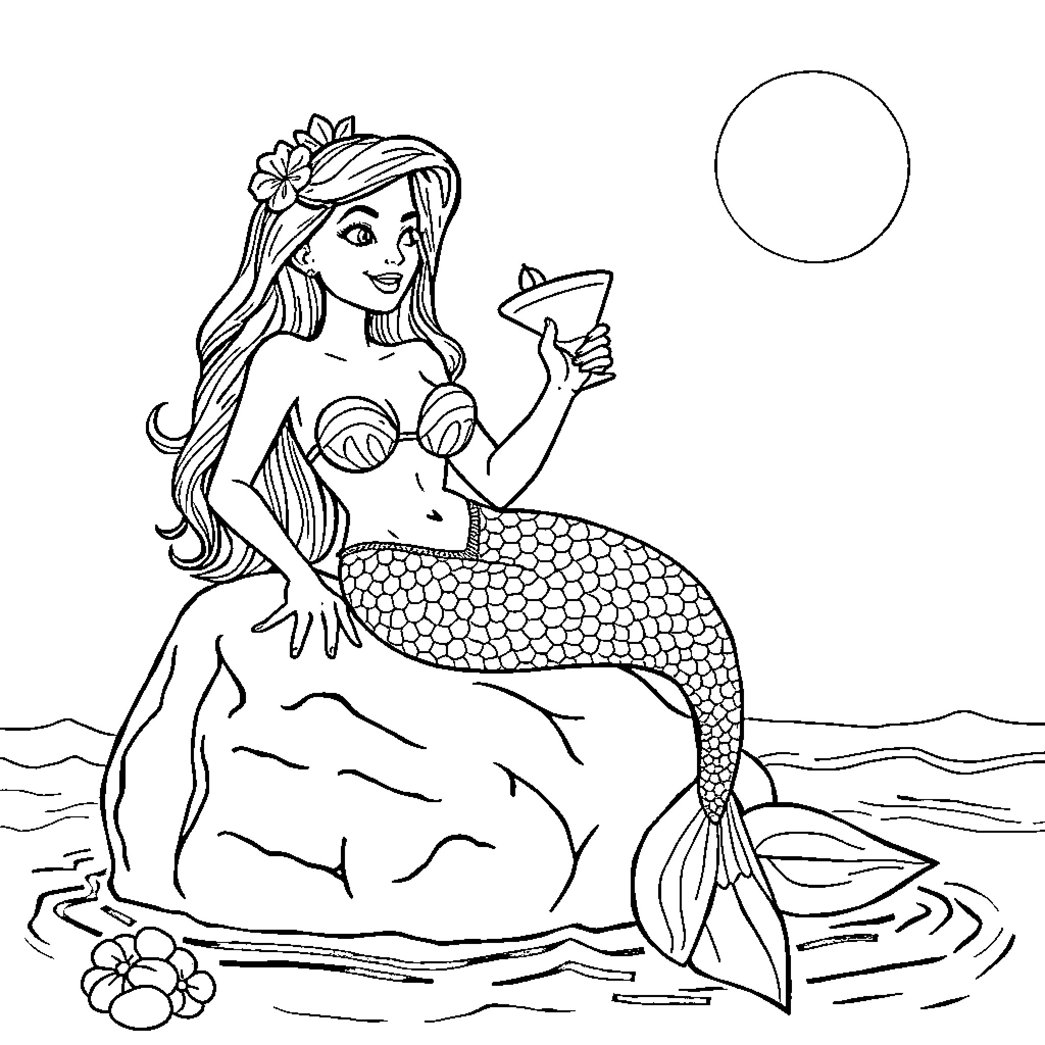 Mermaid admiring herself in the mirror Coloring Page (free black-and-white line drawing printable PDF for all, from beginners to advanced learners, including children, teens, adults, and seniors)