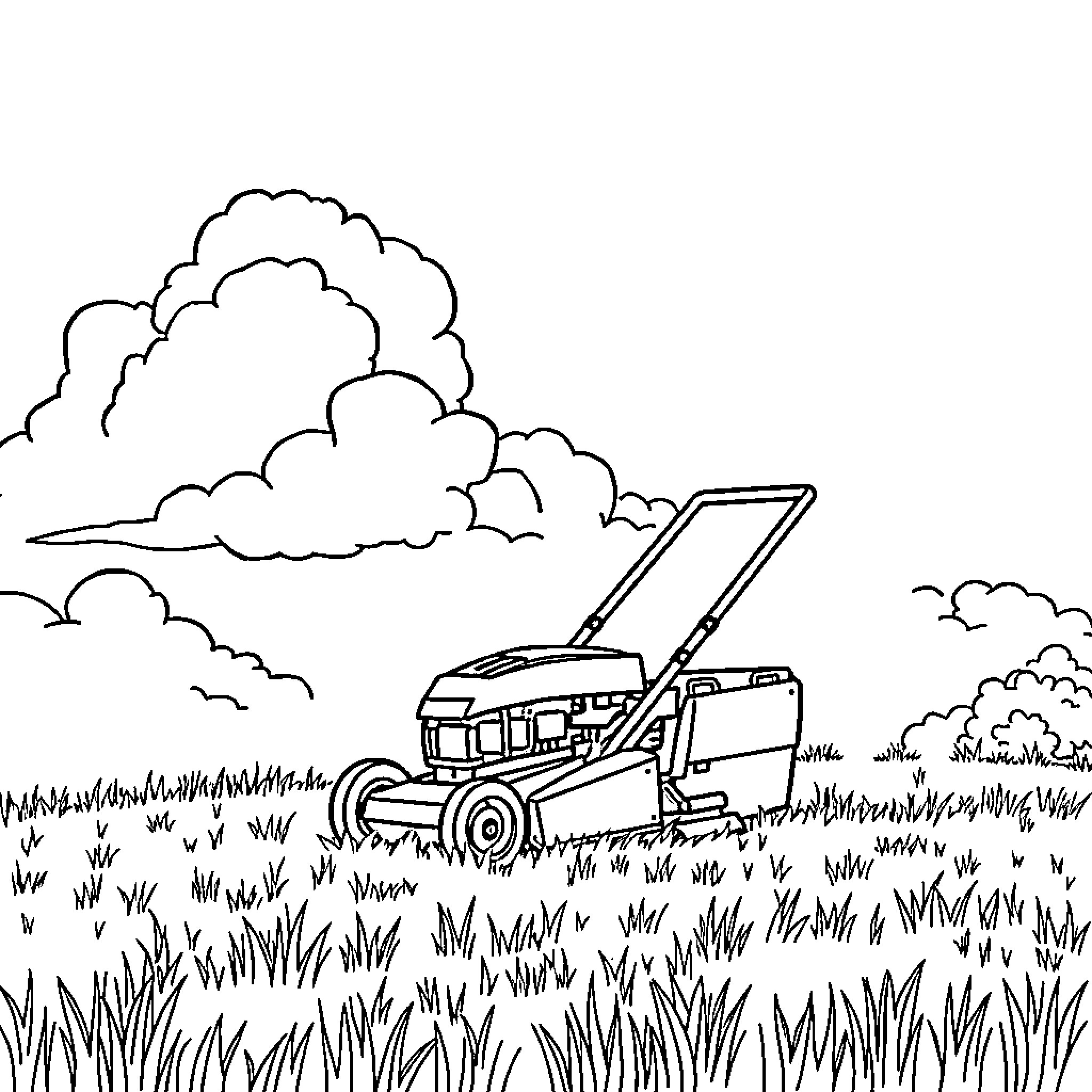 Lawn Mower Cutting Grass in Outdoor Scenery Coloring Page (free black-and-white line drawing printable PDF for all, from beginners to advanced learners, including children, teens, adults, and seniors)
