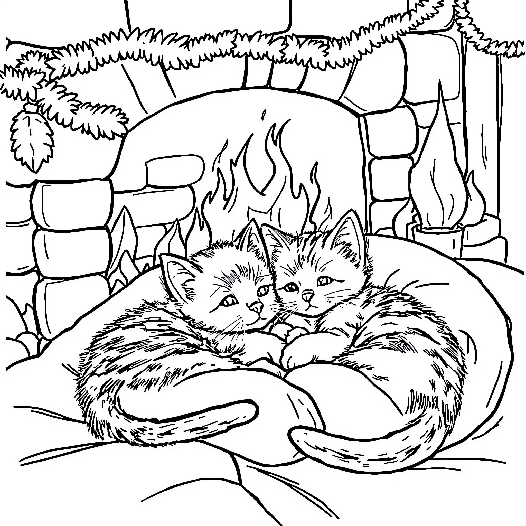 Kittens cuddling by the fireplace Coloring Page (free black-and-white line drawing printable PDF for all, from beginners to advanced learners, including children, teens, adults, and seniors)
