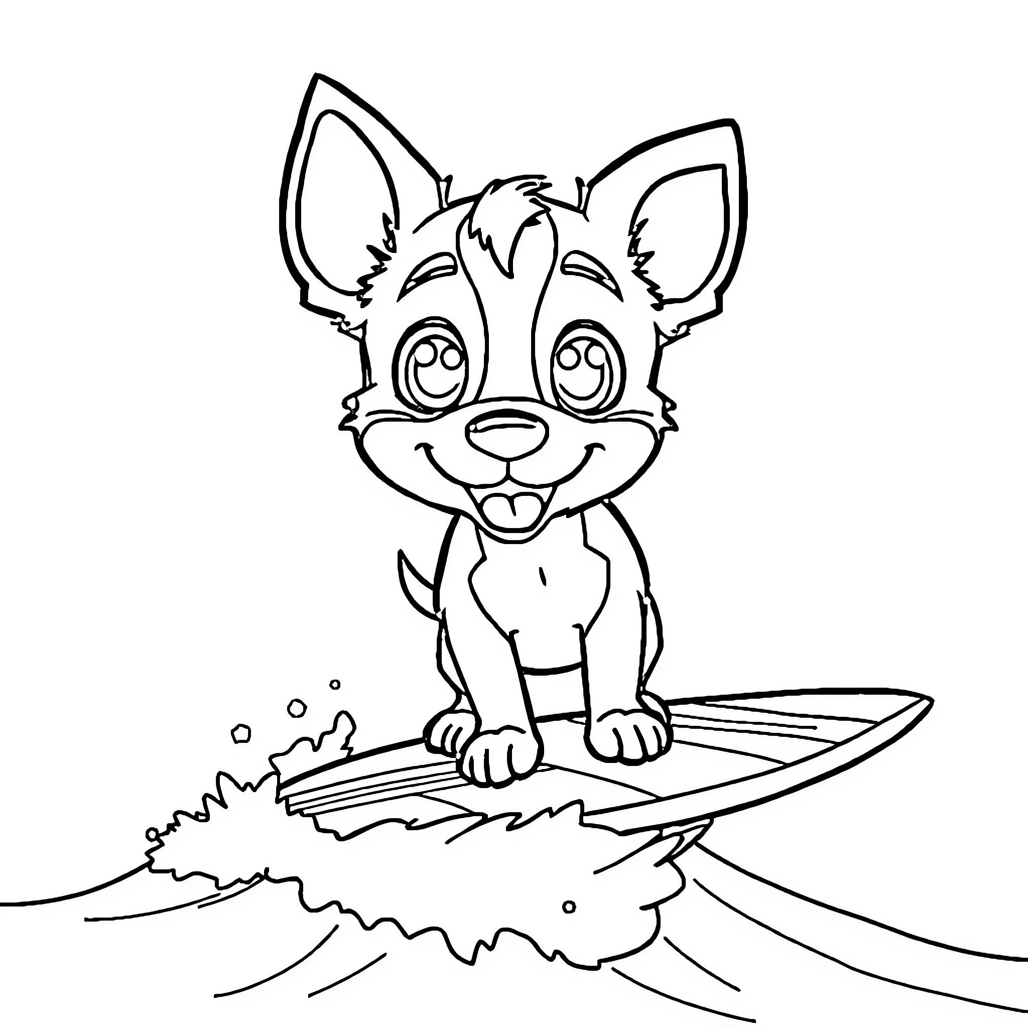 Blue Heeler puppy surfing on a wave Coloring Page (free black-and-white line drawing printable PDF for all, from beginners to advanced learners, including children, teens, adults, and seniors)
