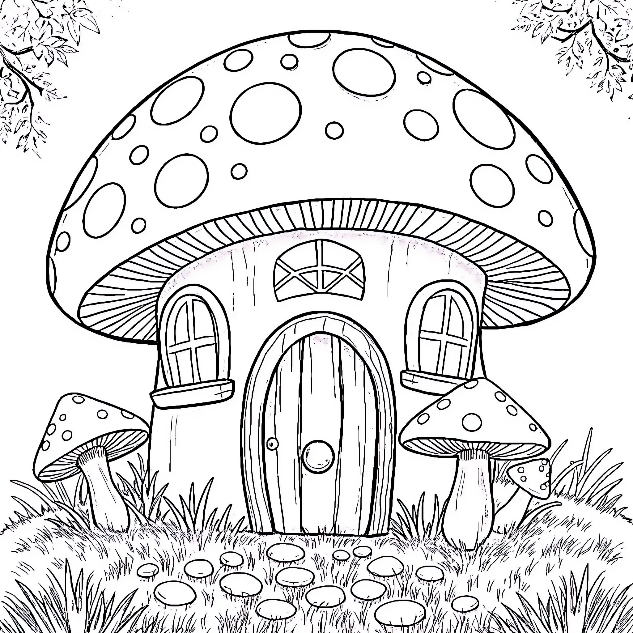 Mushroom houses in a forest scene Coloring Page (free black-and-white line drawing printable PDF for all, from beginners to advanced learners, including children, teens, adults, and seniors)