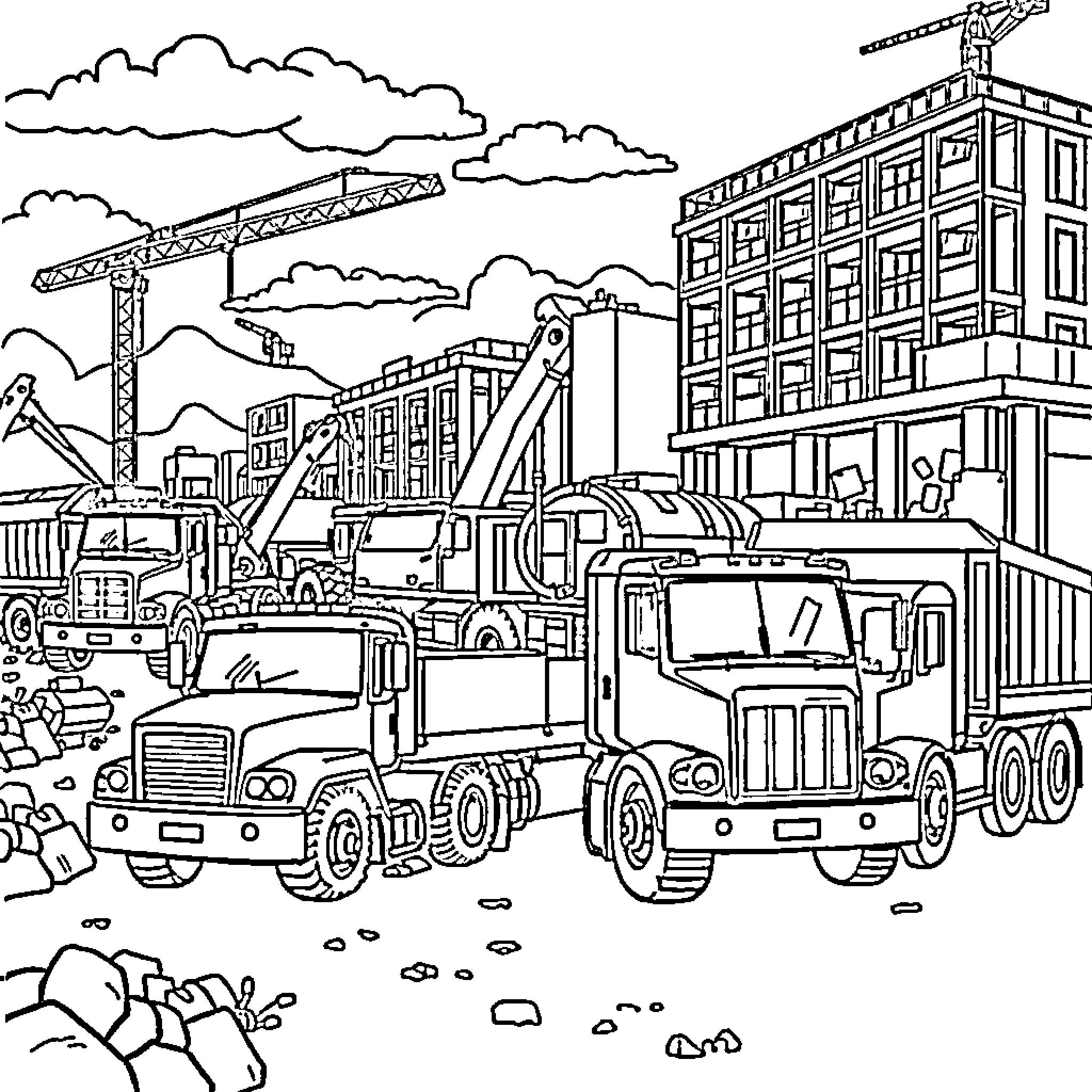Construction Trucks at Work on Building Site Coloring Page (free black-and-white line drawing printable PDF for all, from beginners to advanced learners, including children, teens, adults, and seniors)