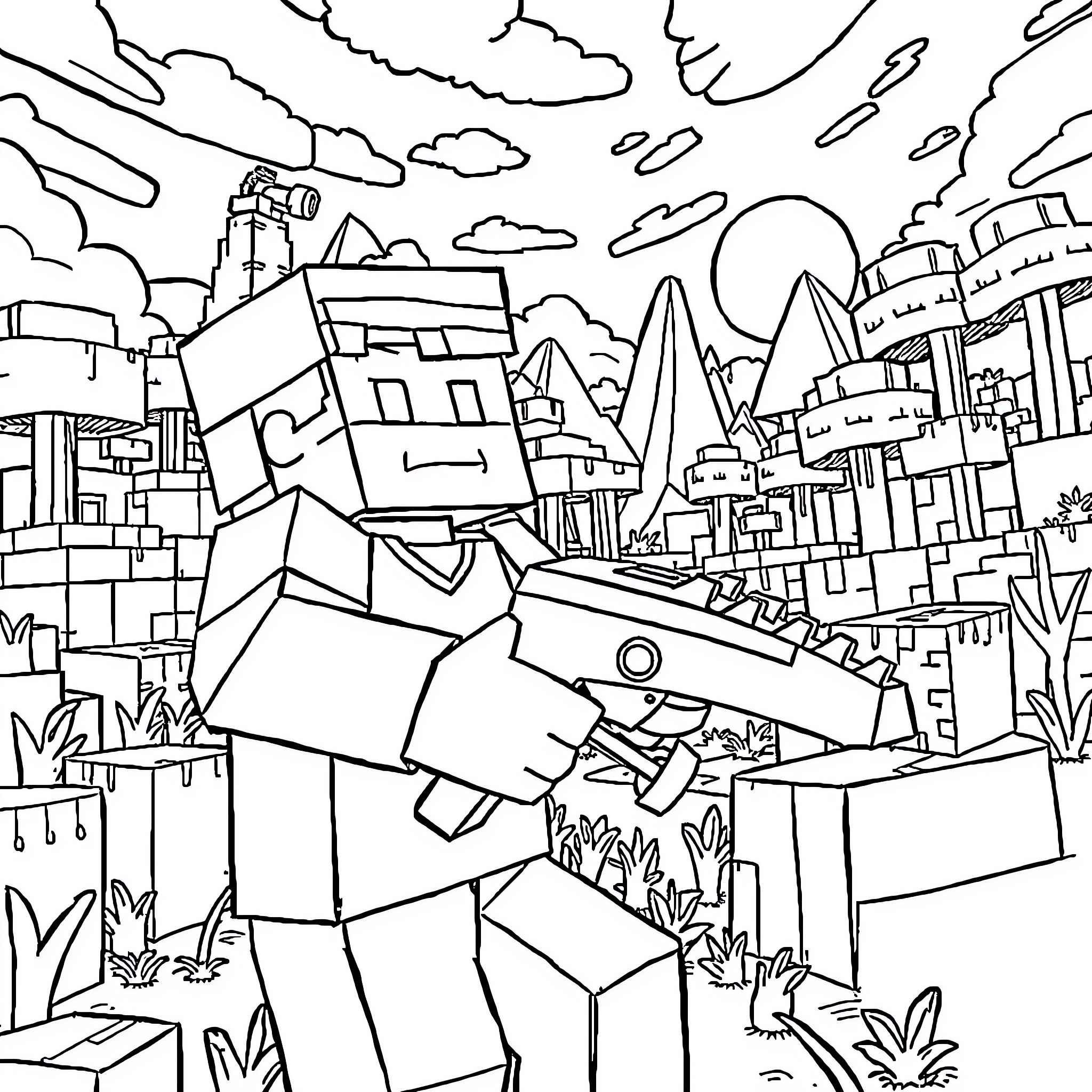 Cliper Exploring the Geometric City Landscape Coloring Page (free black-and-white line drawing printable PDF for all, from beginners to advanced learners, including children, teens, adults, and seniors)