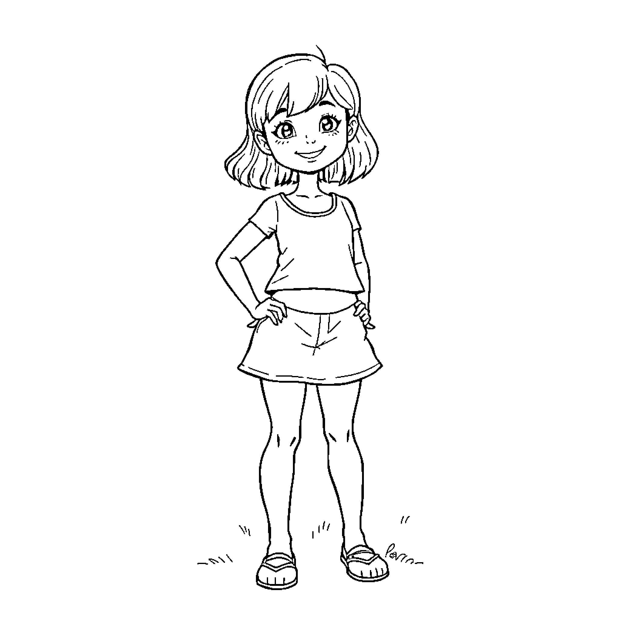 Girl standing with cheerful expression Coloring Page (free black-and-white line drawing printable PDF for all, from beginners to advanced learners, including children, teens, adults, and seniors)