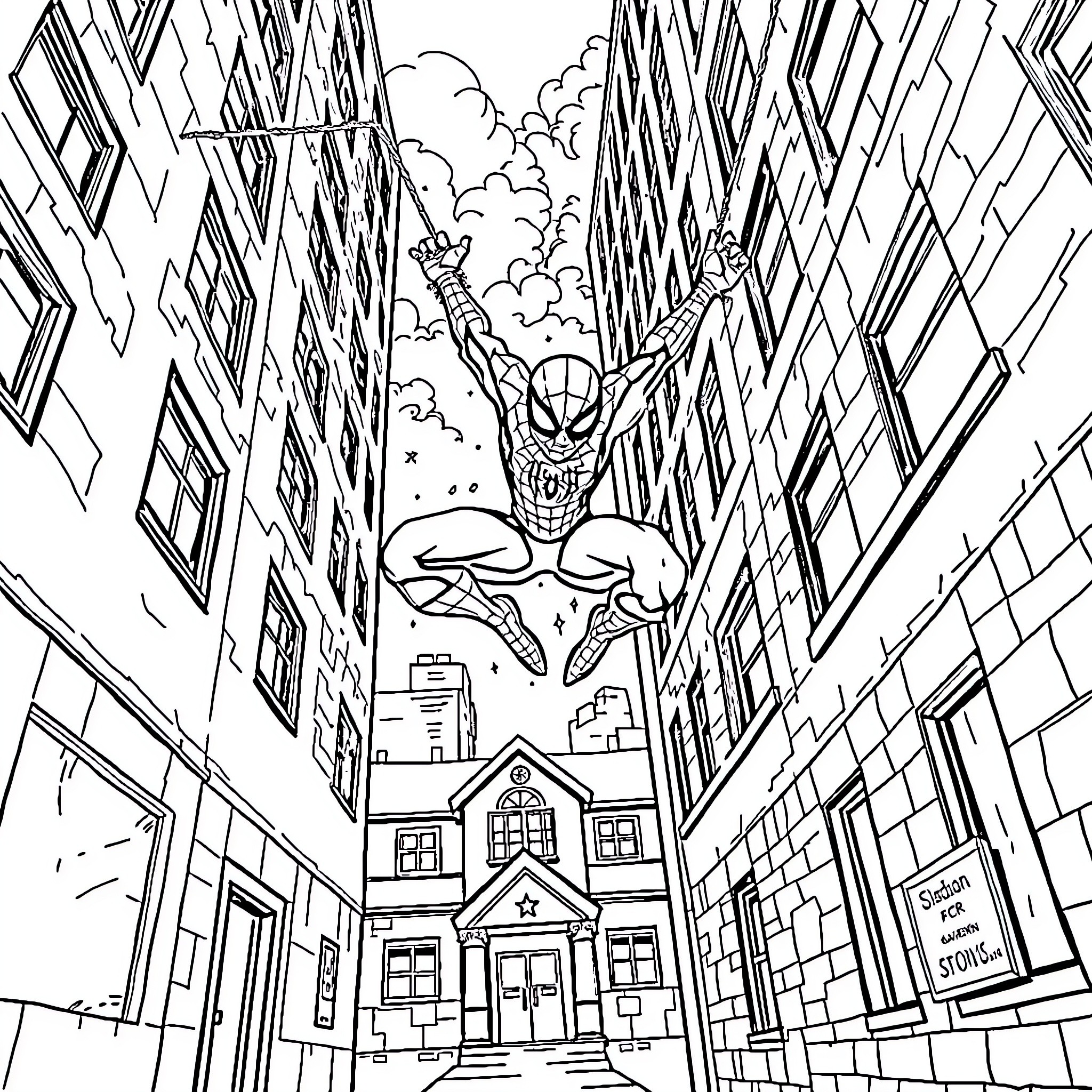 Spiderman swinging through the city streets Coloring Page (free black-and-white line drawing printable PDF for all, from beginners to advanced learners, including children, teens, adults, and seniors)
