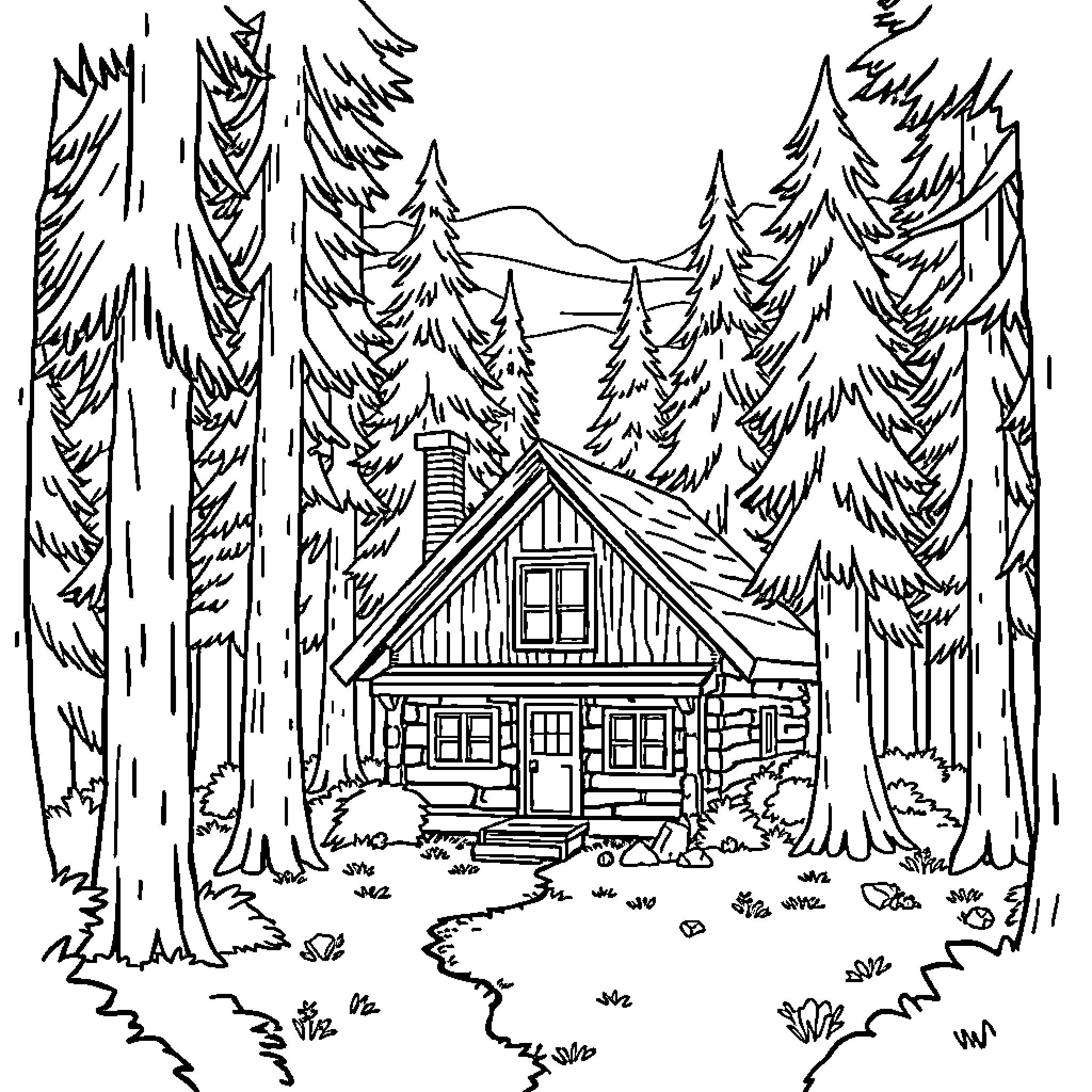 Cabin in the Serene Forested Landscape Coloring Page (free black-and-white line drawing printable PDF for all, from beginners to advanced learners, including children, teens, adults, and seniors)