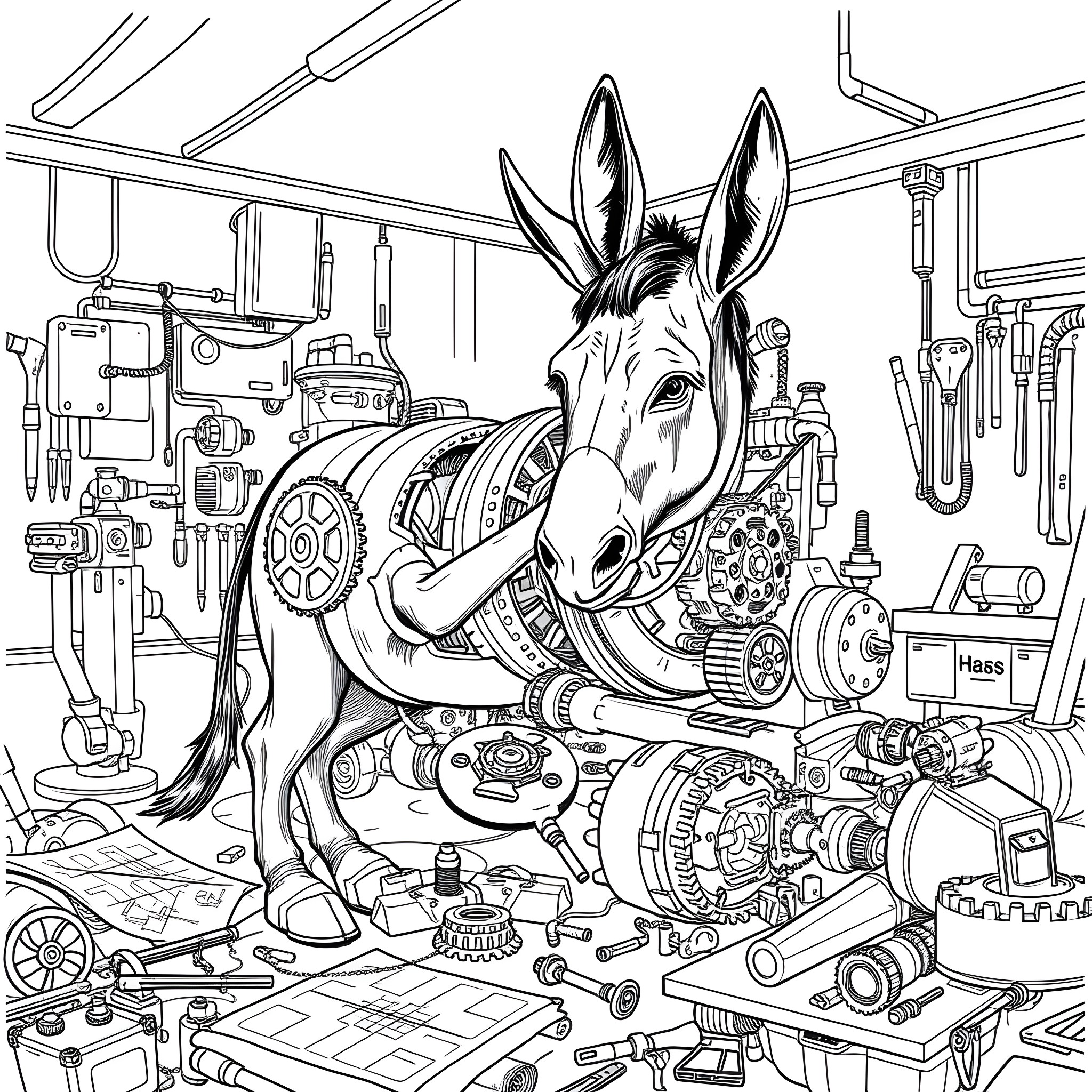 Donkey working in a mechanical workshop Coloring Page (free black-and-white line drawing printable PDF for all, from beginners to advanced learners, including children, teens, adults, and seniors)